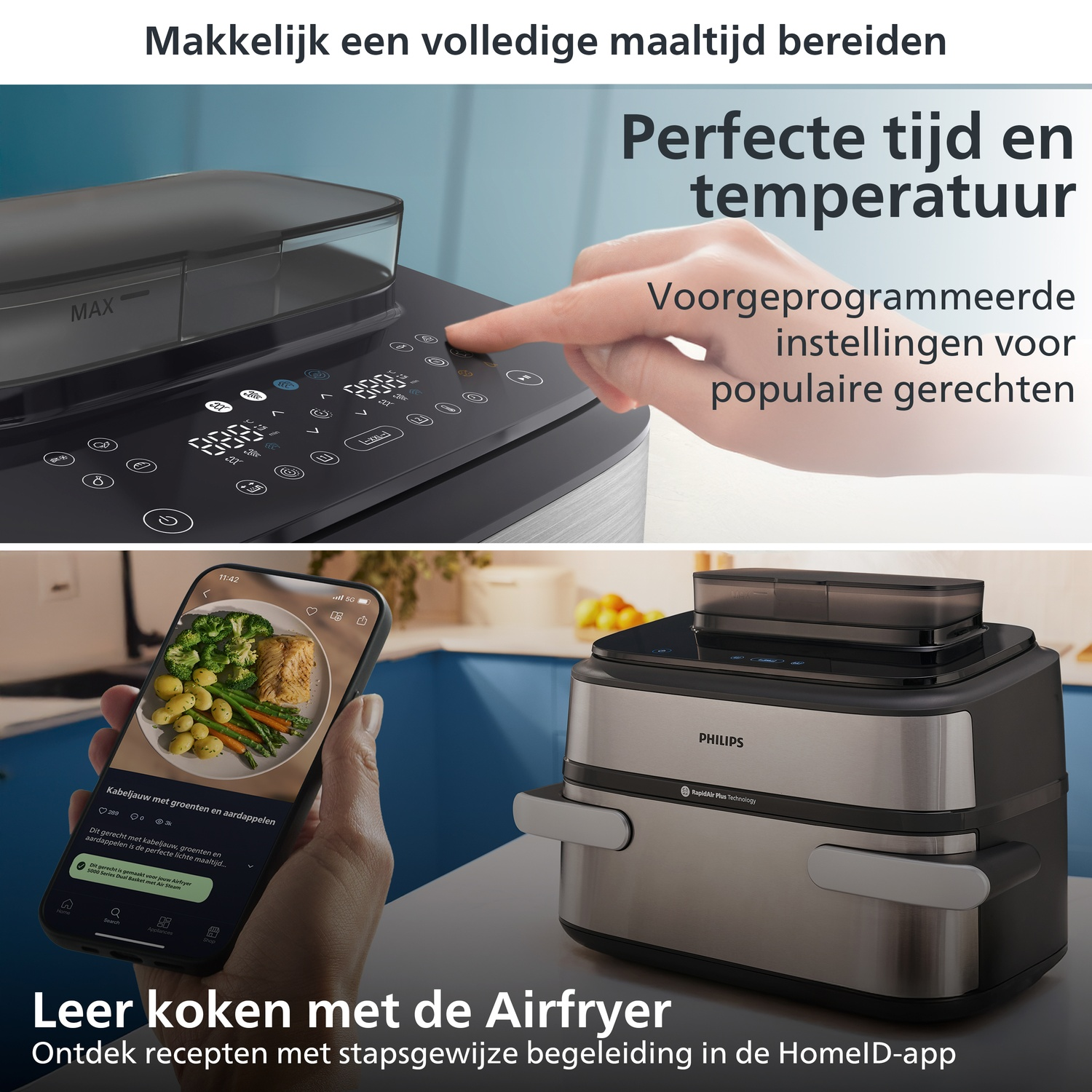 A hand operates an air fryer, while a phone displays a recipe.