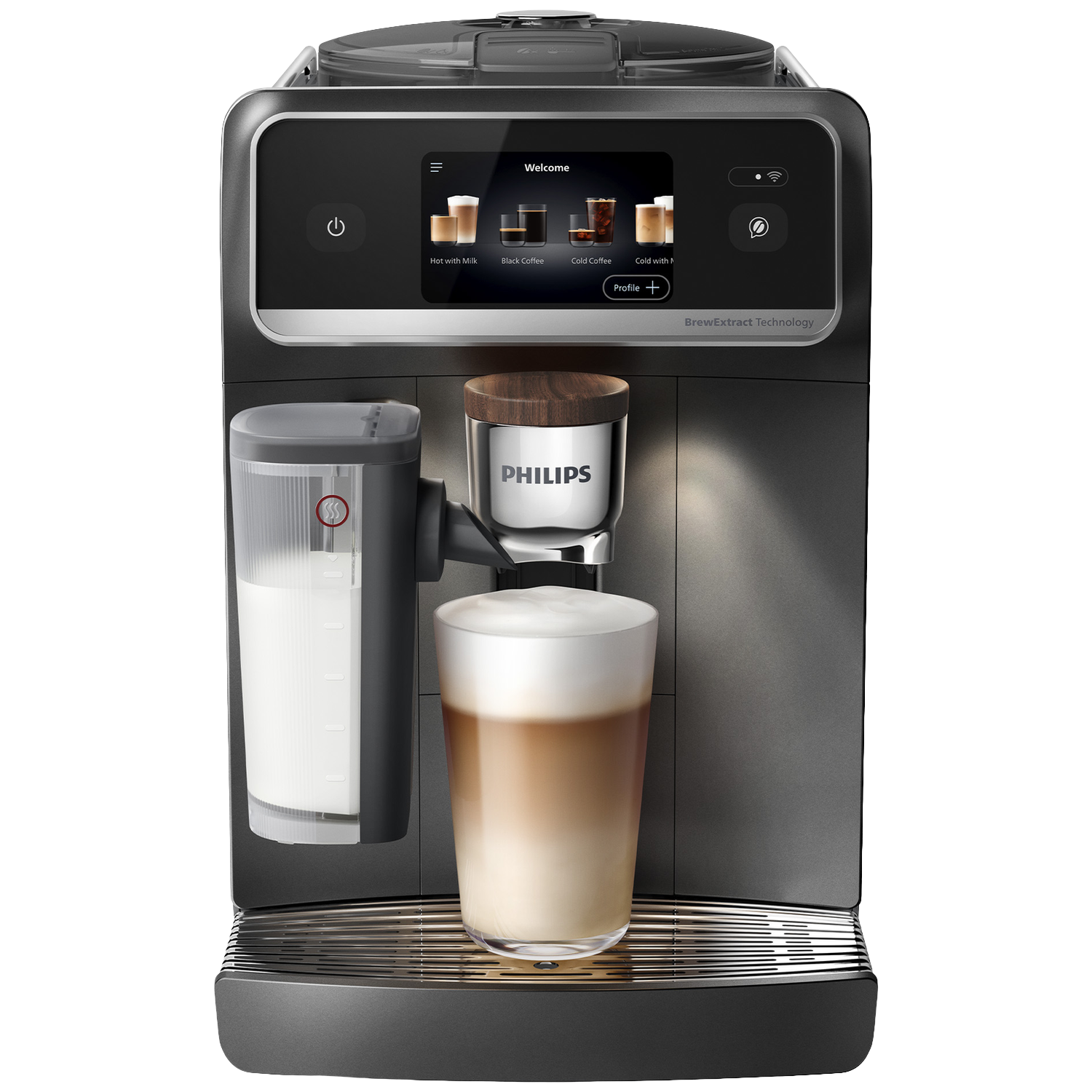 Une machine à café Philips avec une carafe à lait et un verre à latte macchiato.