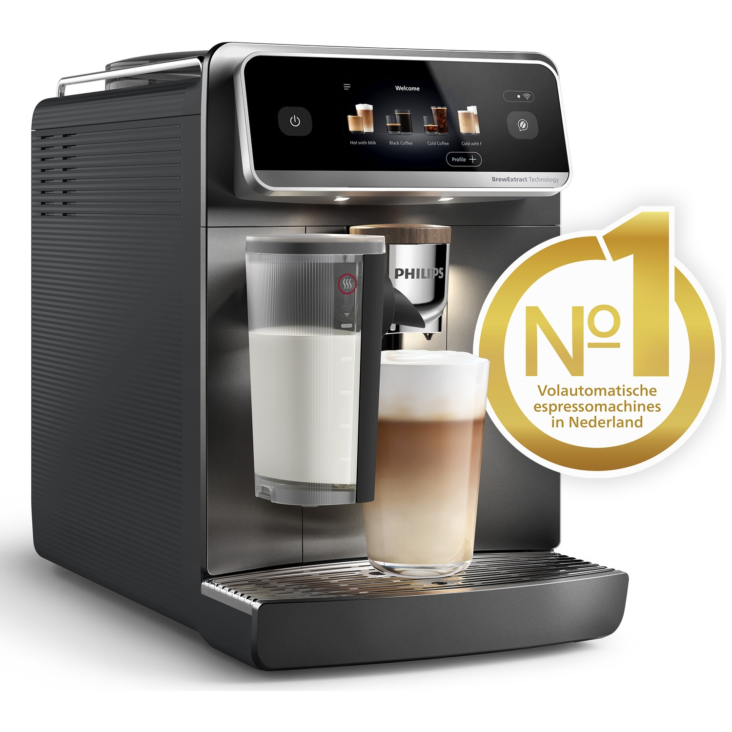 A black coffee machine with a glass of milk and a coffee drink.