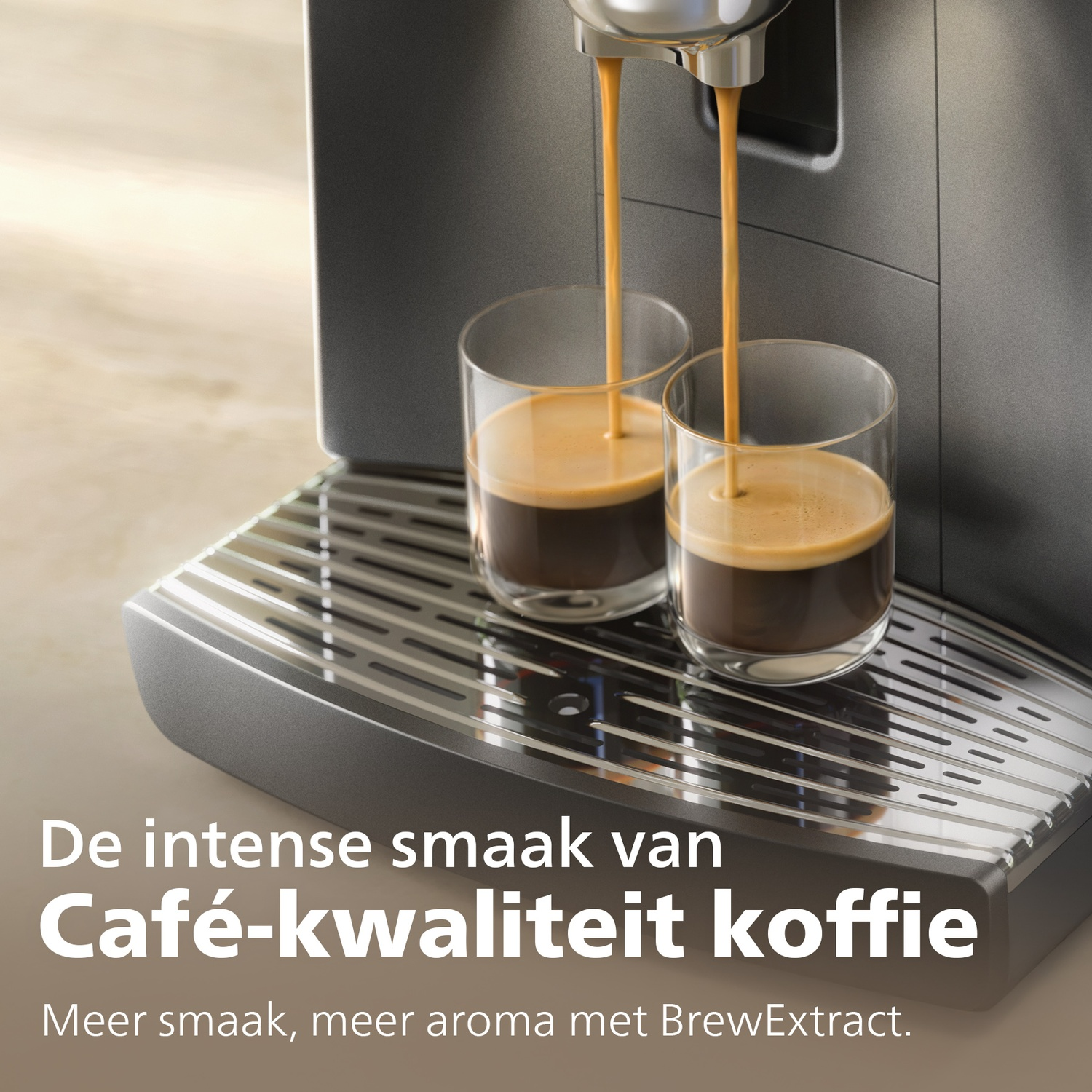 Coffee machine brews two espressos into glass cups. Intense flavor.