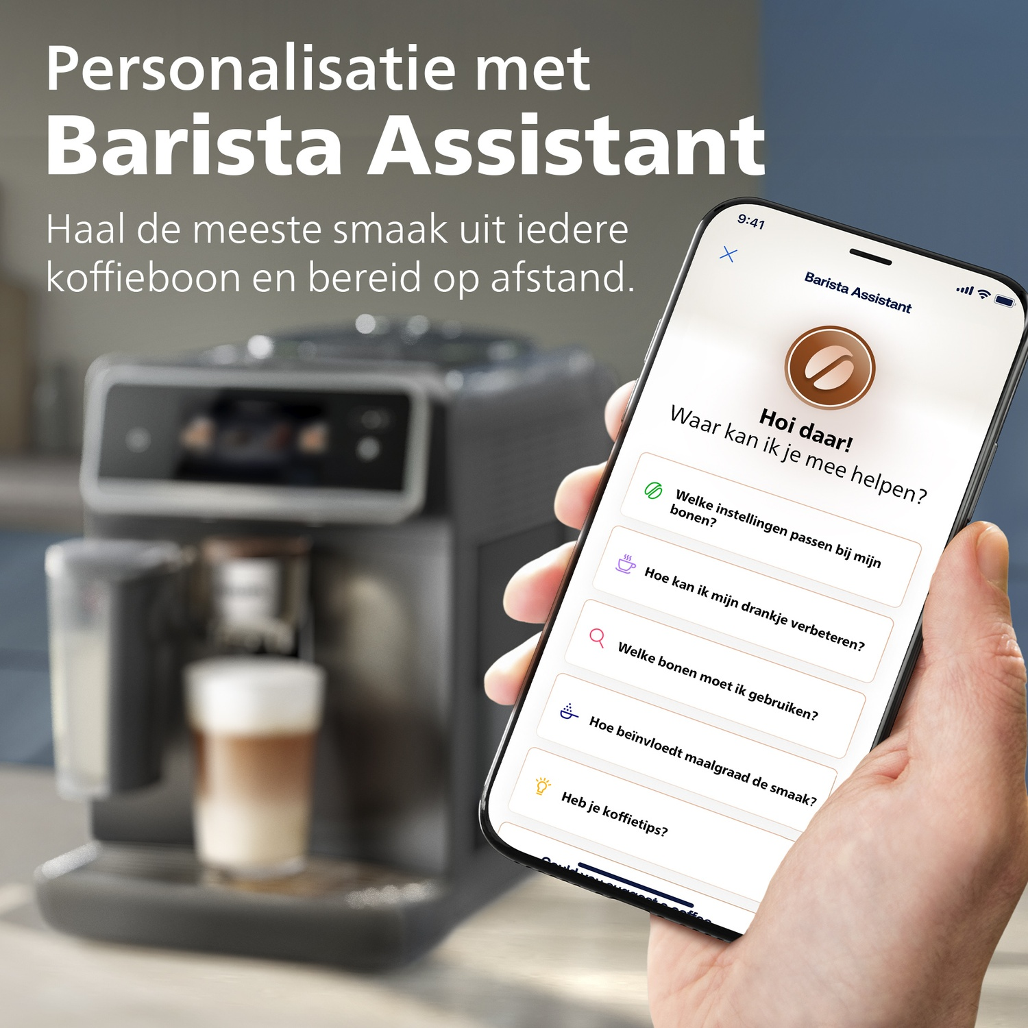 A coffee machine and a phone displaying the Barista Assistant app. Personalization is featured.