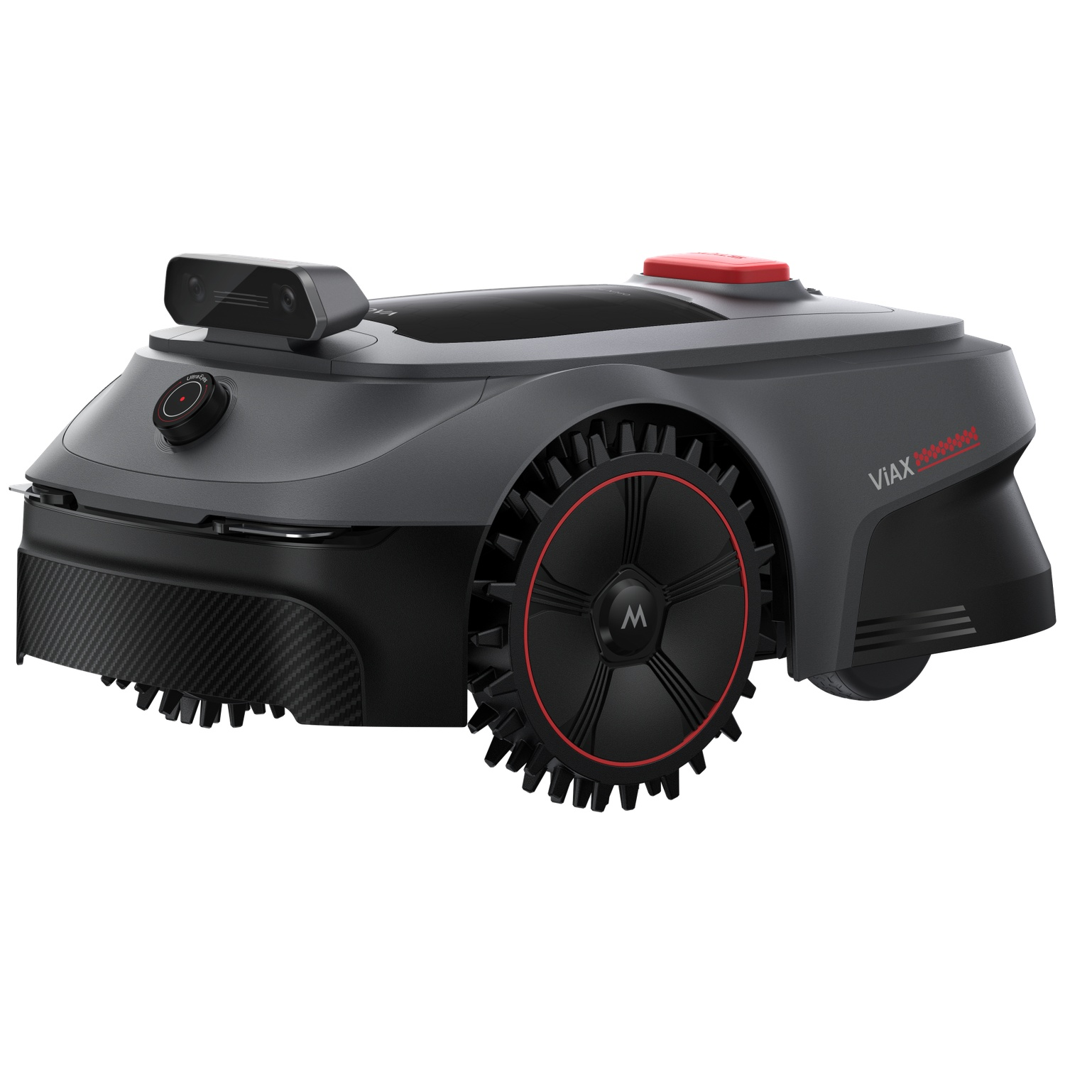 Gray robotic lawn mower with black carbon detail, red button, and camera.