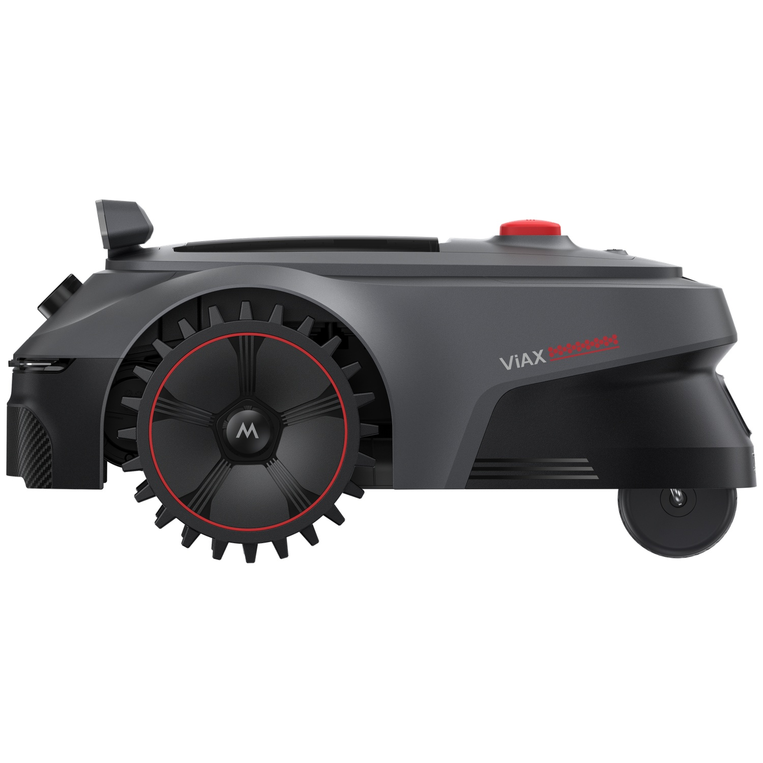 A gray robotic lawn mower with a red button and large wheels.
