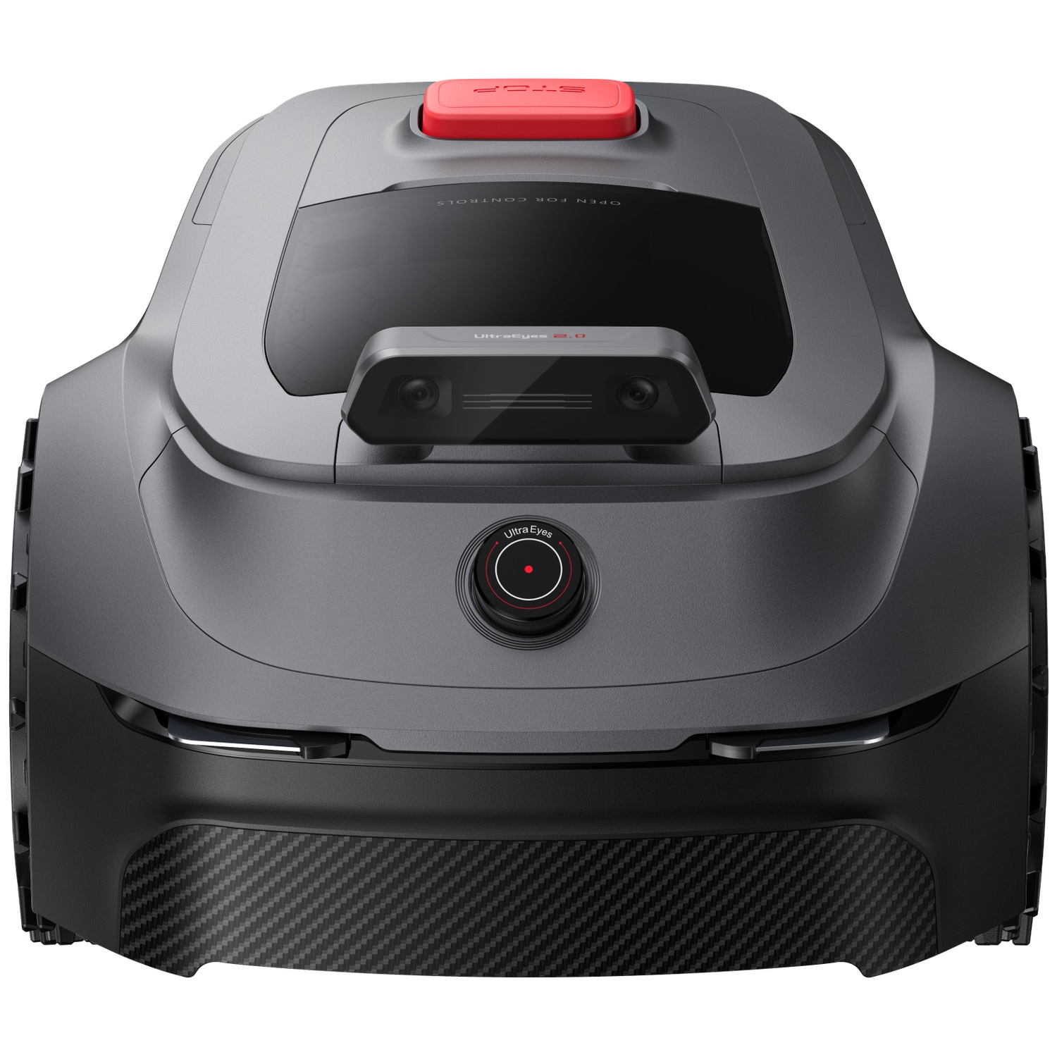 Gray robotic lawn mower with red stop button and camera.