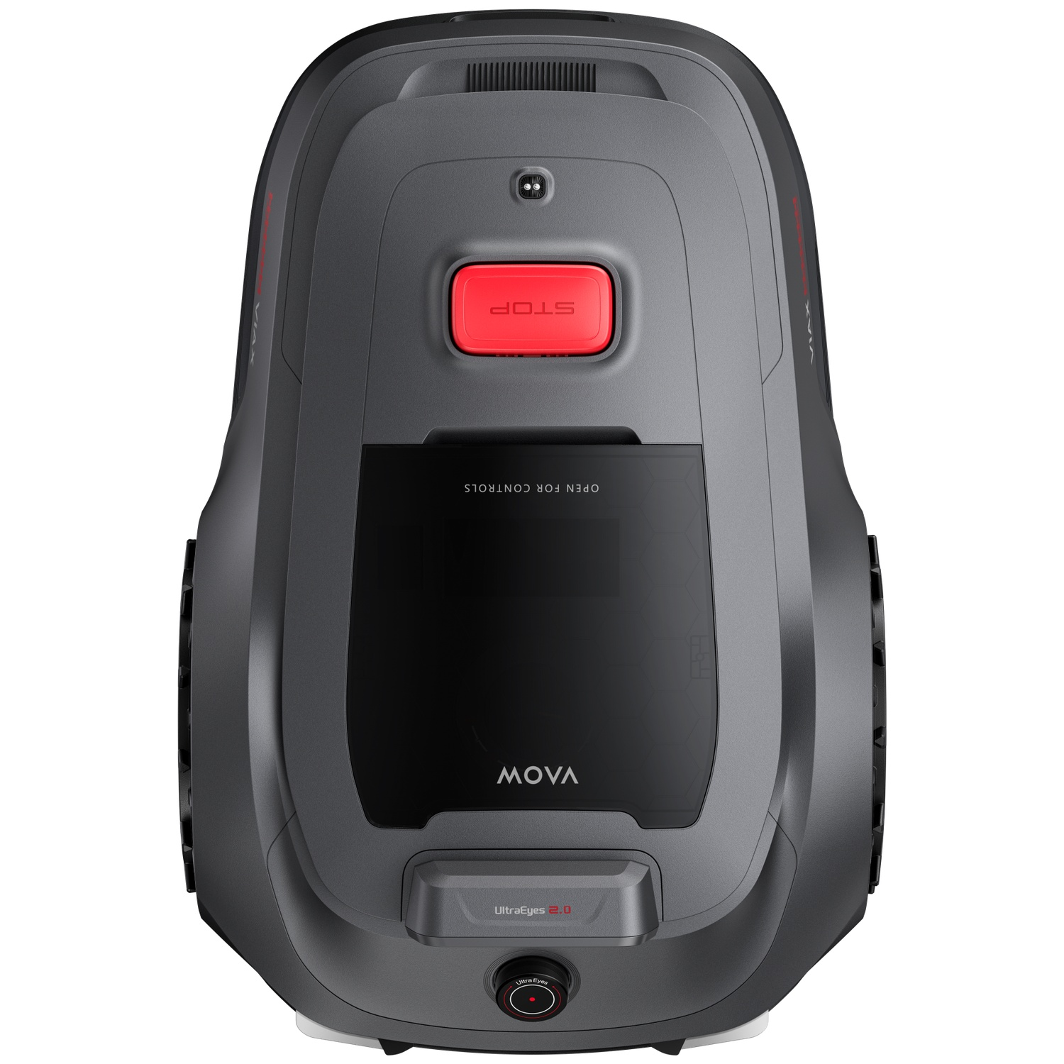 Gray robot vacuum with a red stop button and a black control panel.