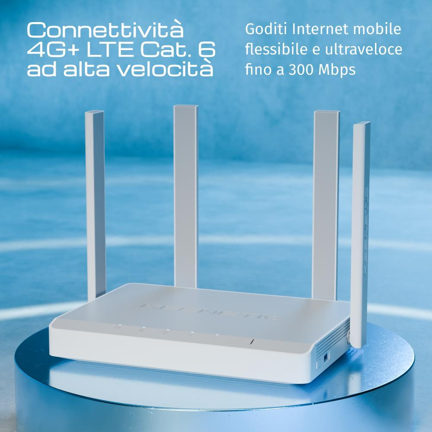 Un router bianco 4G+ LTE con quattro antenne su un piedistallo blu.