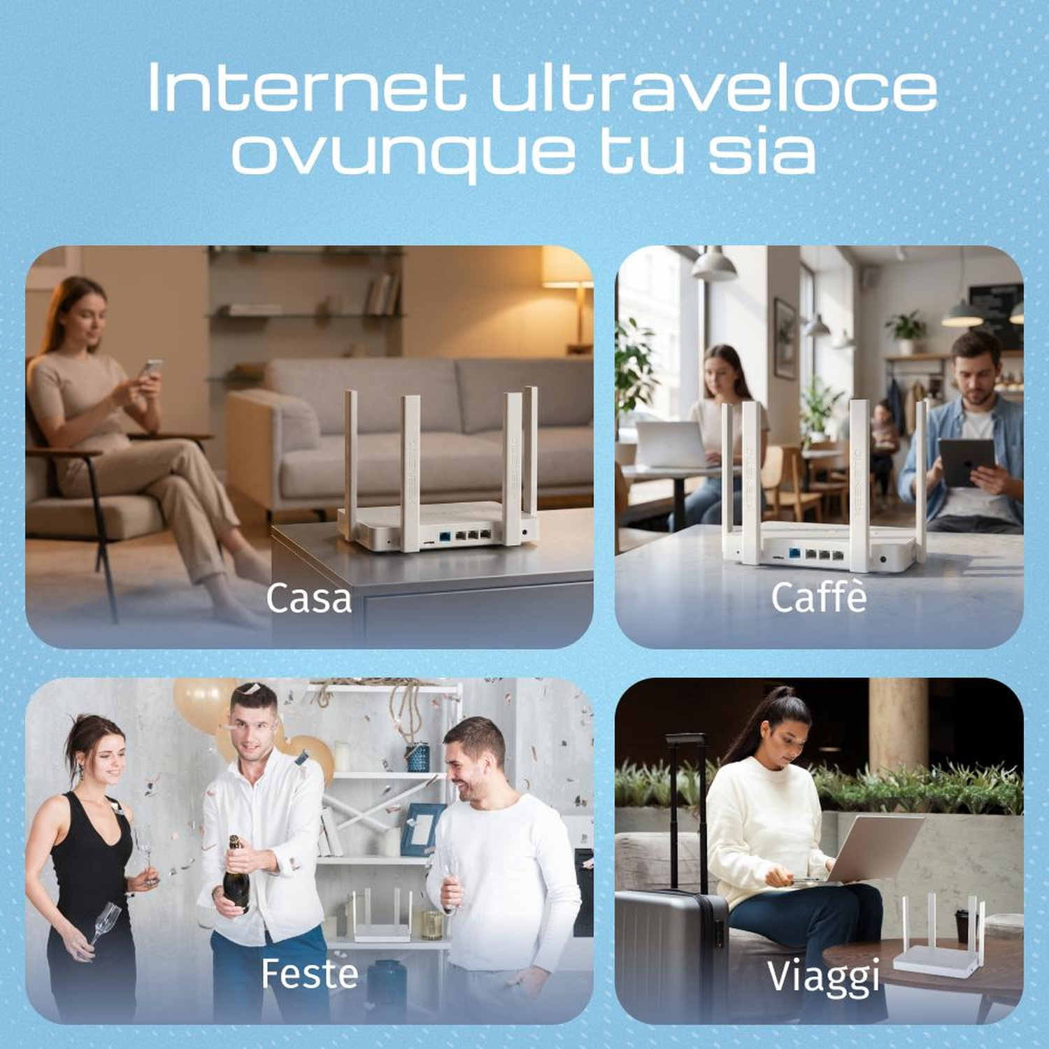 Quattro scene mostrano l'uso di Internet a casa, al bar, alle feste e in viaggio.