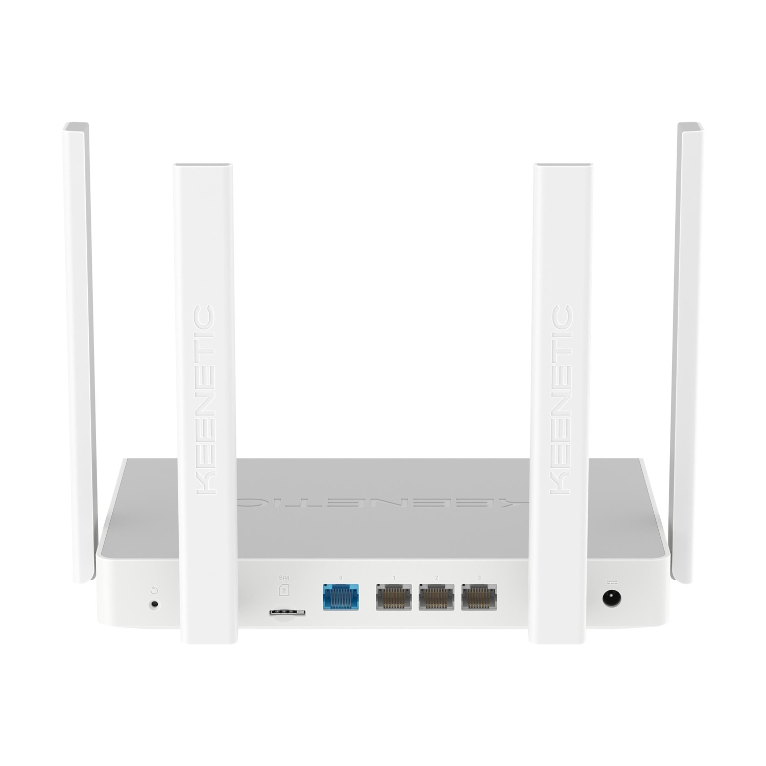 Un router Keenetic bianco con quattro antenne e porte Ethernet.