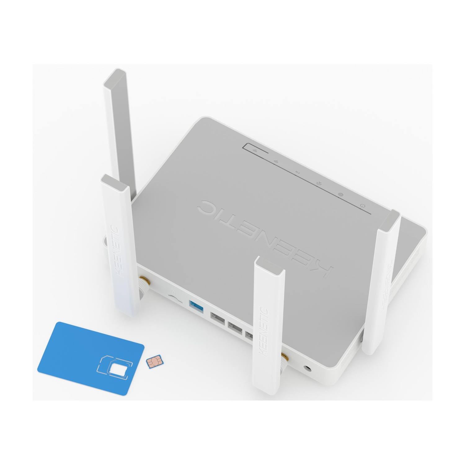 Un router grigio con quattro antenne e una SIM card accanto.