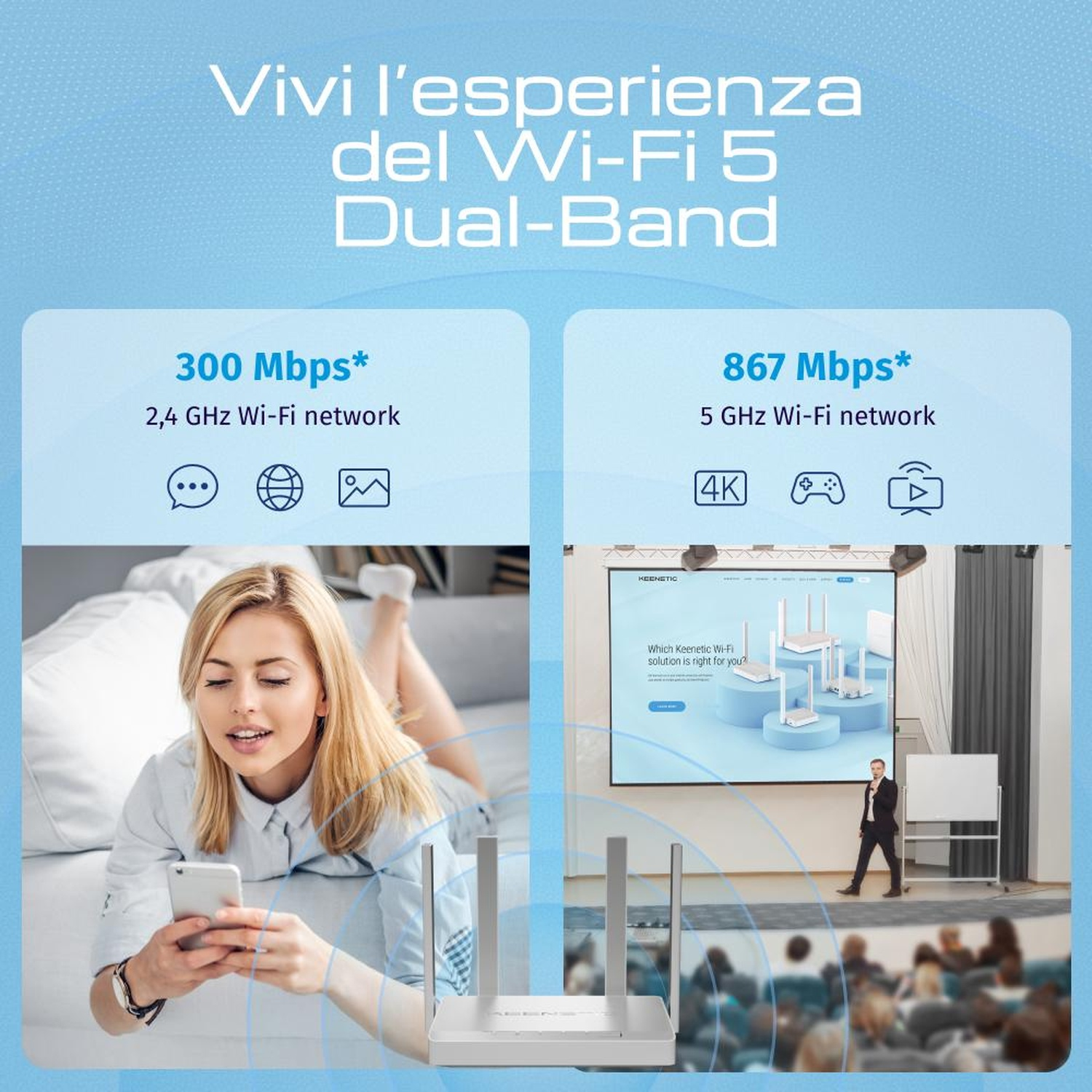 Donna su divano con telefono, router e presentazione Wi-Fi dual-band.