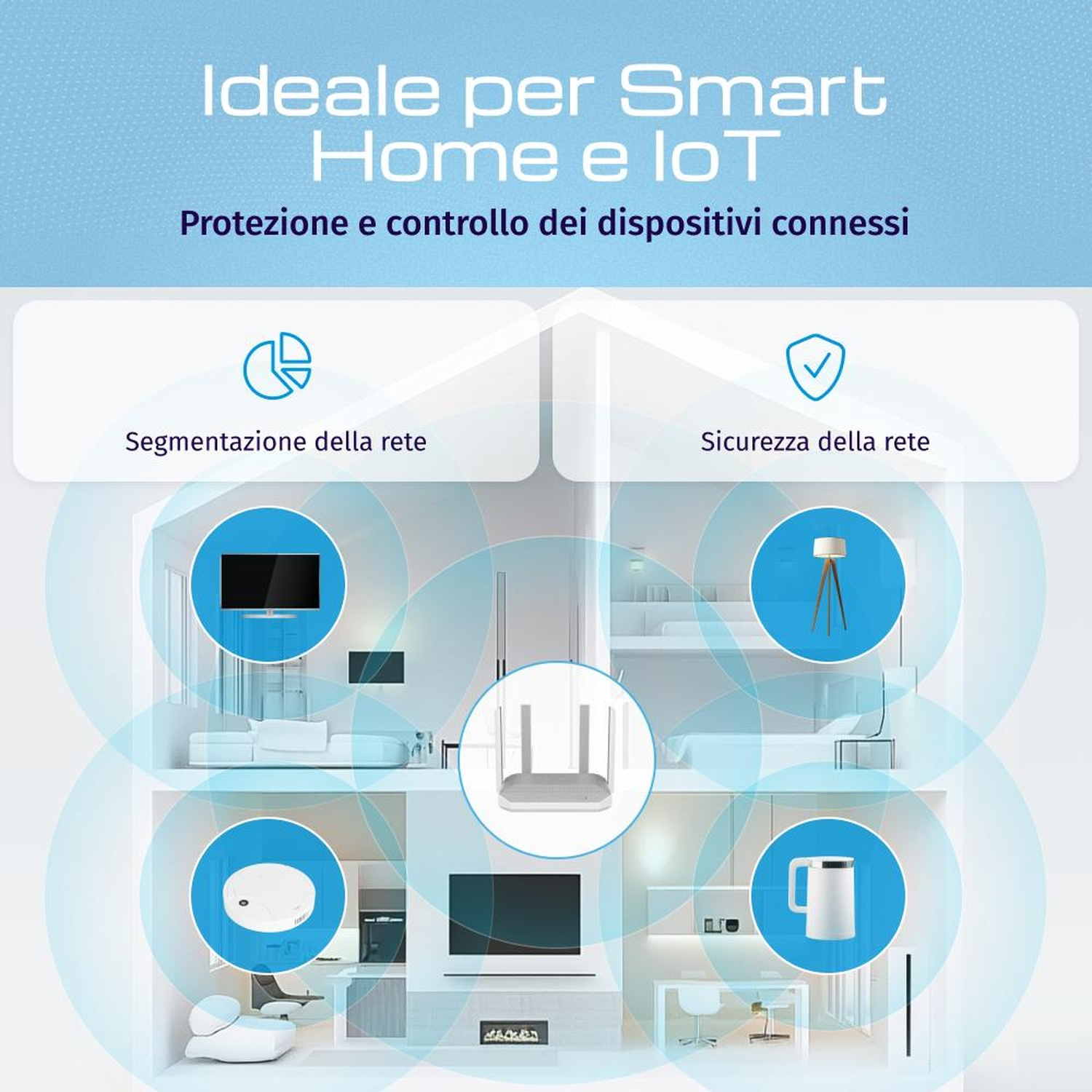 Illustrazione di una casa con dispositivi connessi e sicurezza di rete.