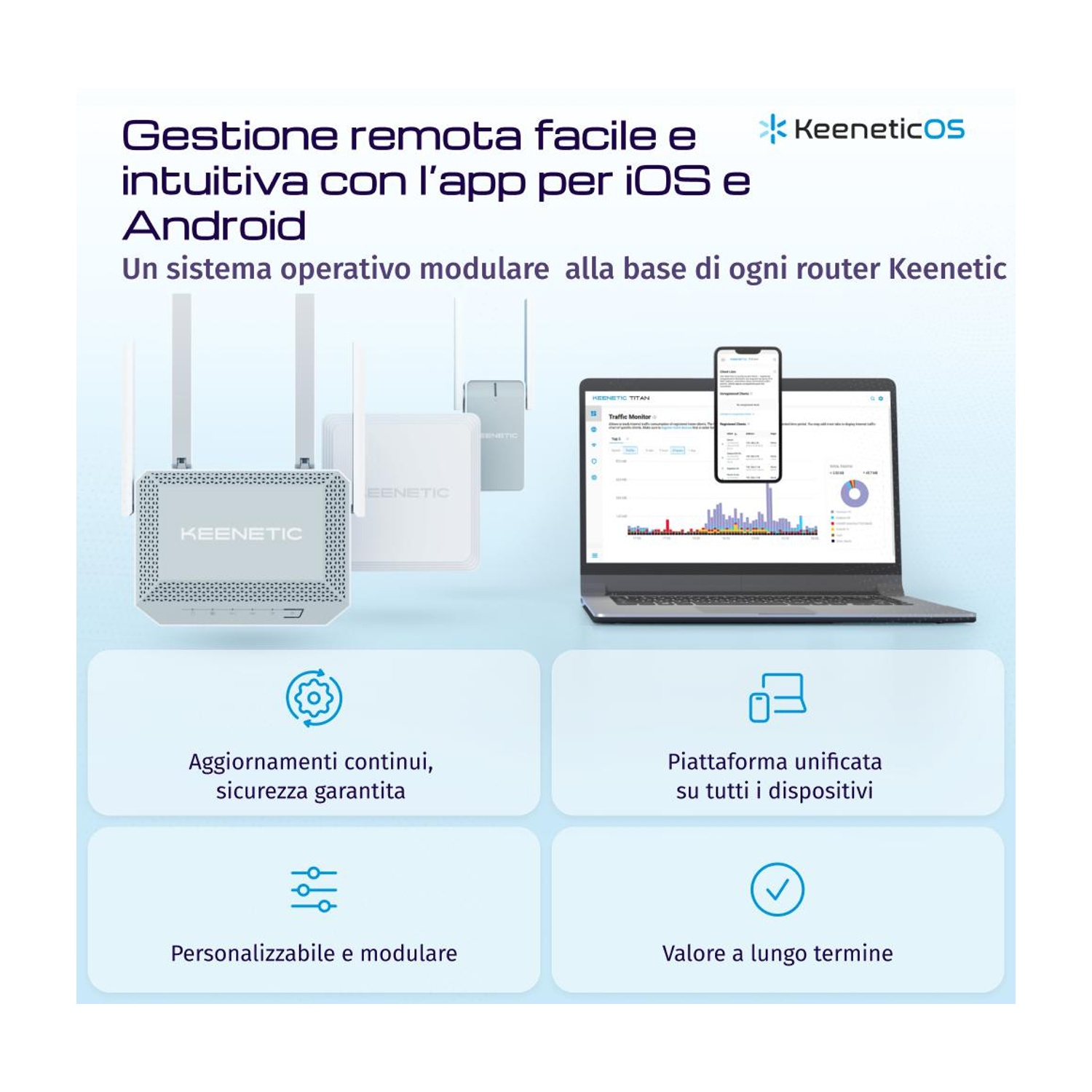 Router Keenetic con controllo app e display laptop. Offre aggiornamenti, sicurezza, personalizzazione.