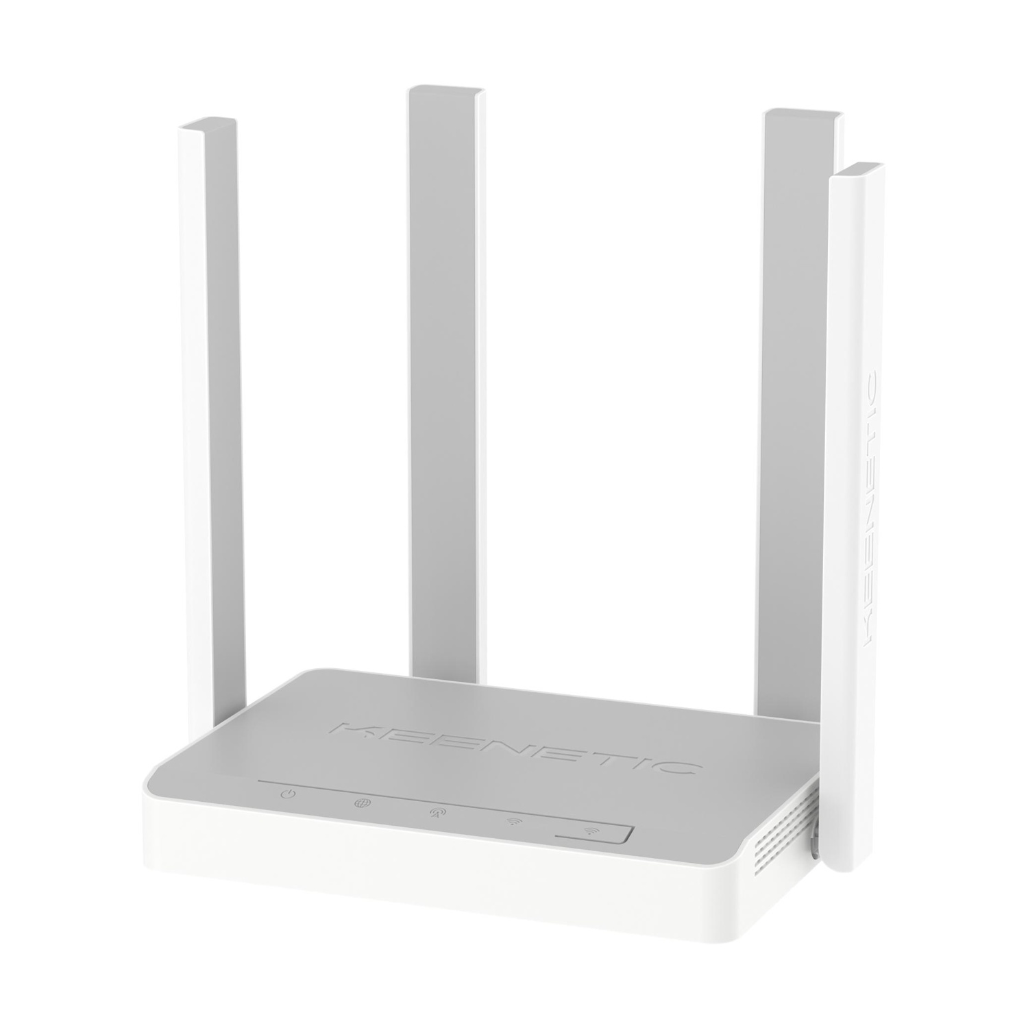 Un router Wi-Fi Keenetic bianco con quattro antenne e spie luminose.