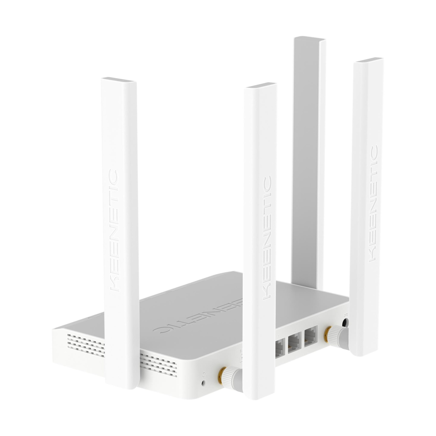 Un router Keenetic bianco con quattro antenne e porte Ethernet.