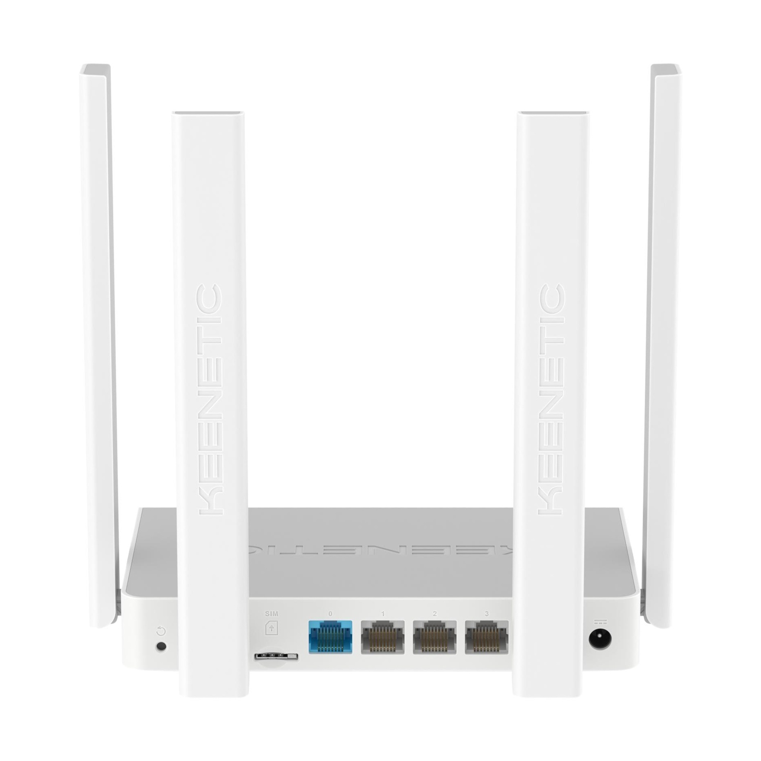 Un router Keenetic bianco con quattro antenne e porte Ethernet.