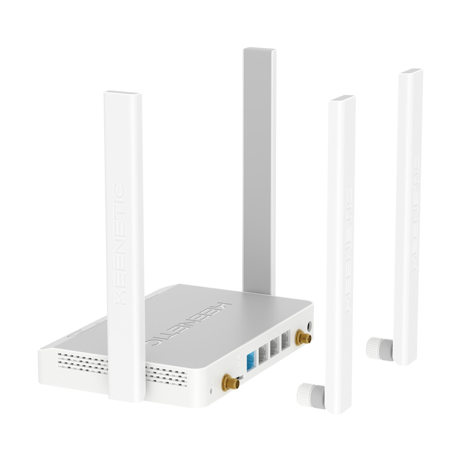 Un router WiFi bianco con quattro antenne su sfondo bianco.
