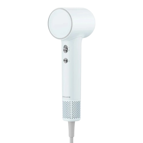 Biała suszarka do włosów ze srebrnymi przyciskami i kratką przy uchwycie.