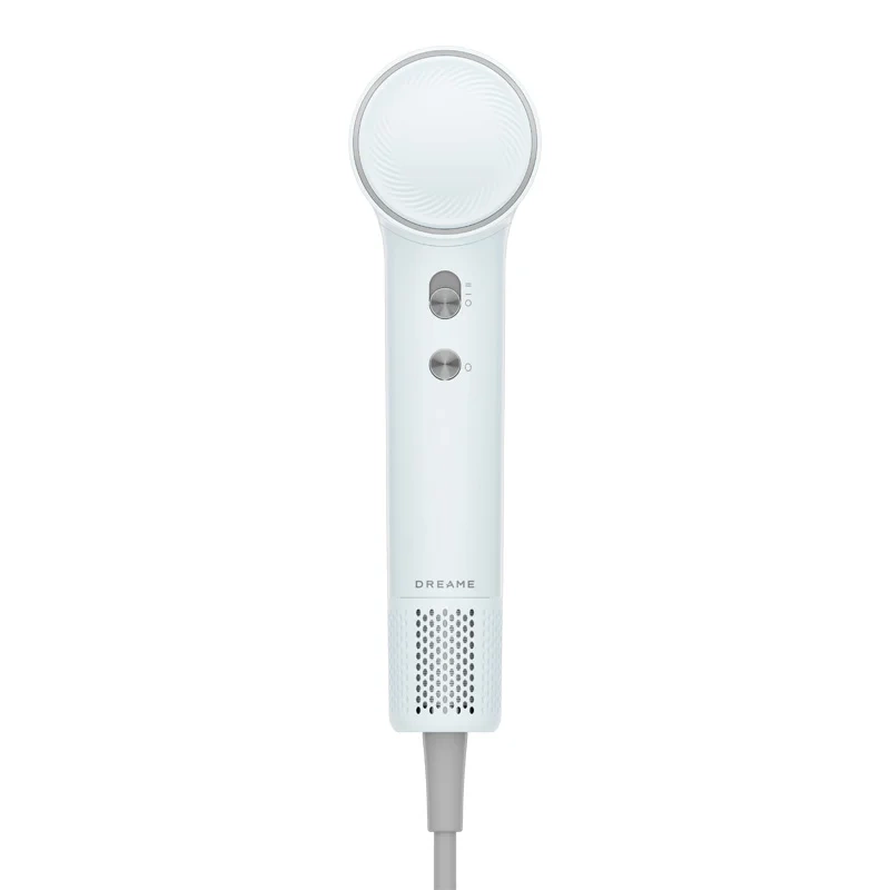 Biała suszarka do włosów ze srebrnymi przyciskami i kratką na dole.