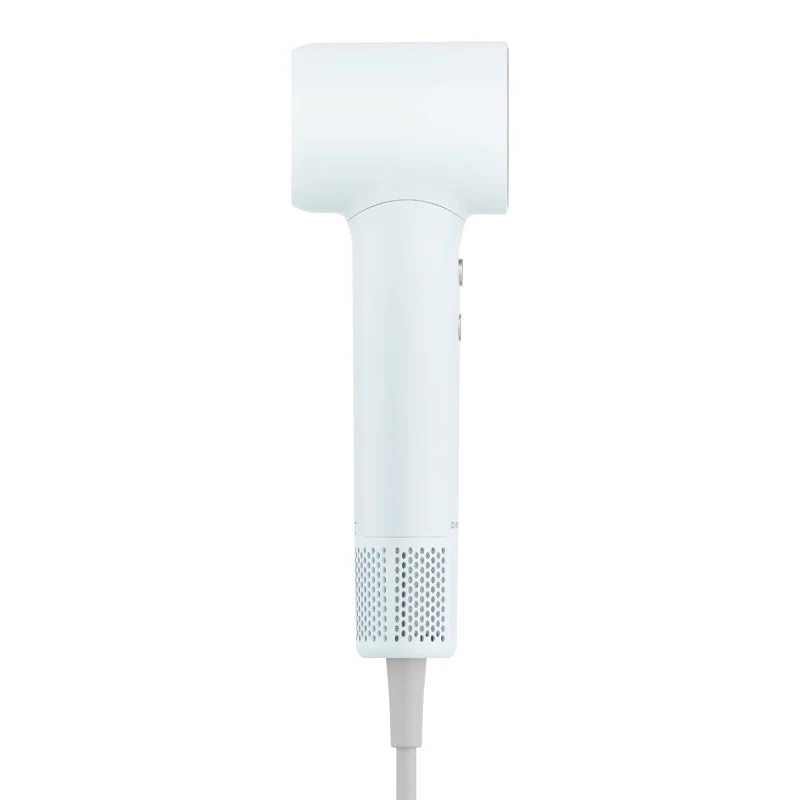 Biała suszarka do włosów z prostokątną głowicą i uchwytem, na białym tle.