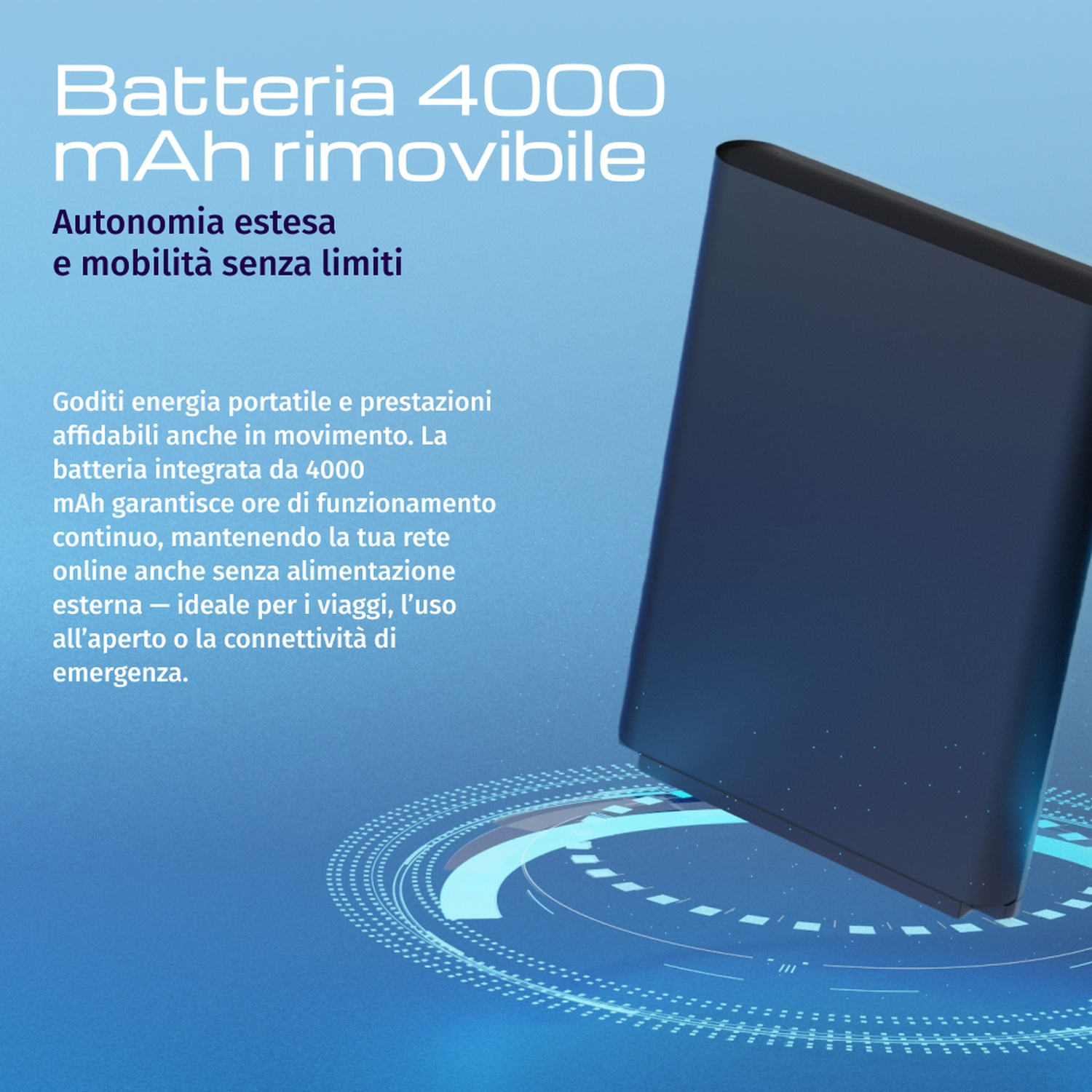 Power bank blu scuro da 4000 mAh con testo in italiano.