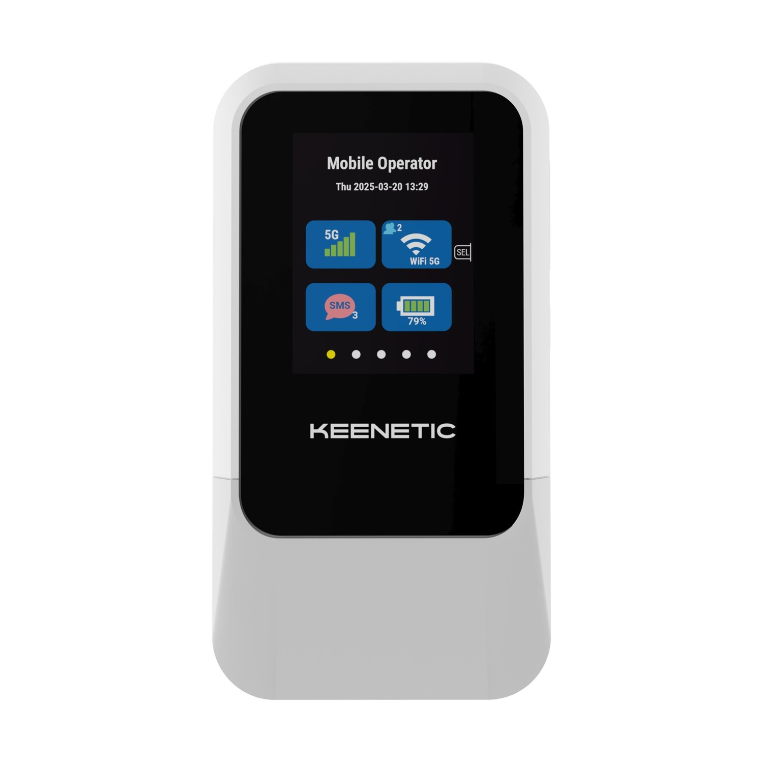 Un dispositivo Keenetic 5G bianco mostra un'interfaccia con icone di stato mobile, WiFi e livello batteria.