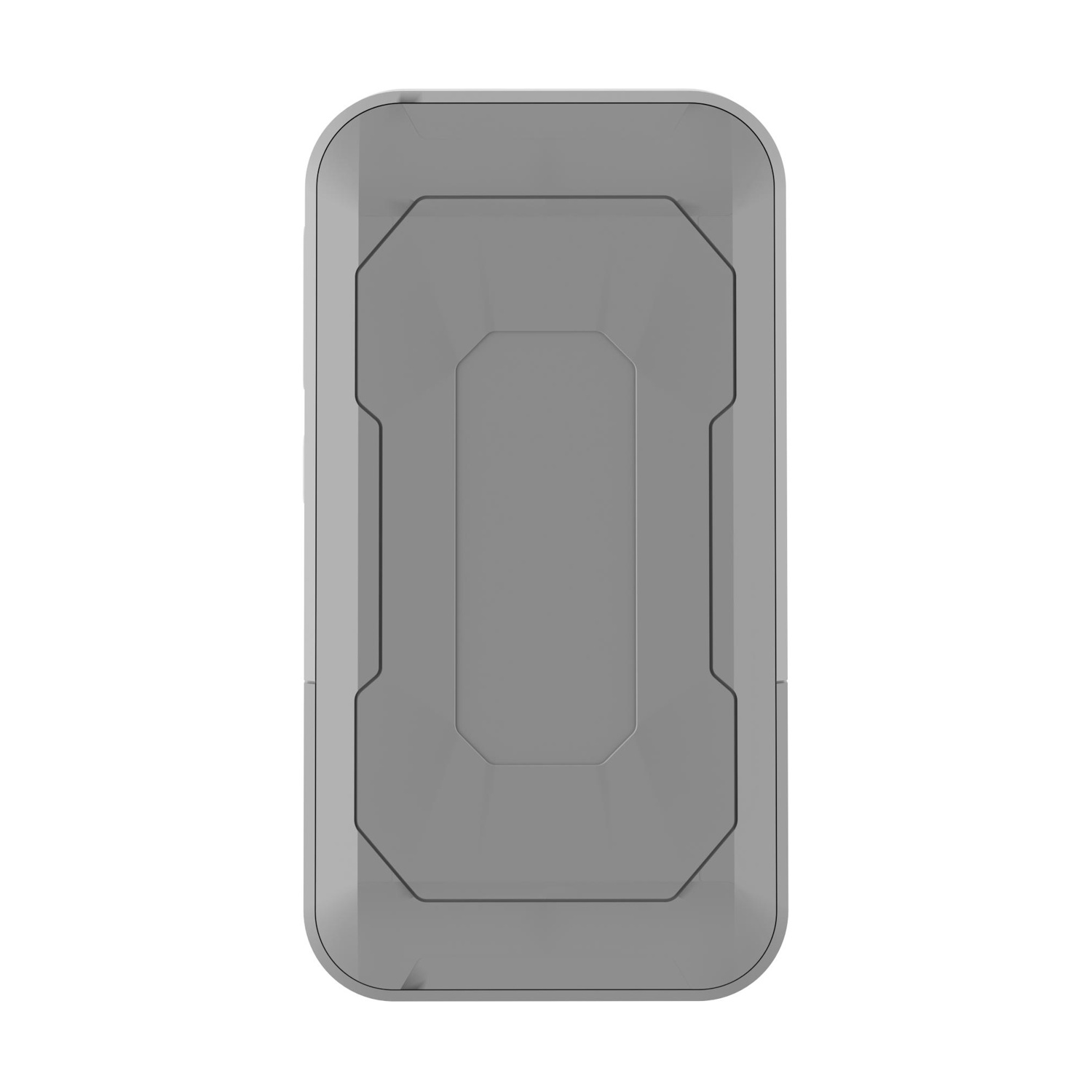 Un dispositivo rettangolare grigio con angoli arrotondati e un'area centrale incassata.