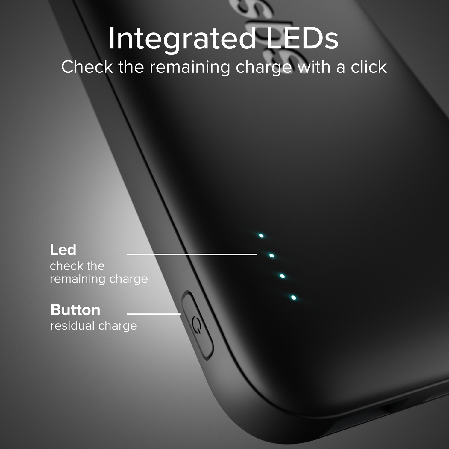 Zwart apparaat met vier verlichte LED's en een knop om het laadniveau aan te geven.