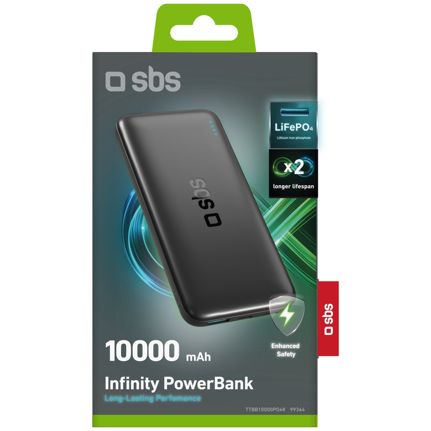 Zwarte SBS powerbank 10000 mAh met LiFePO4-technologie en lange levensduur.