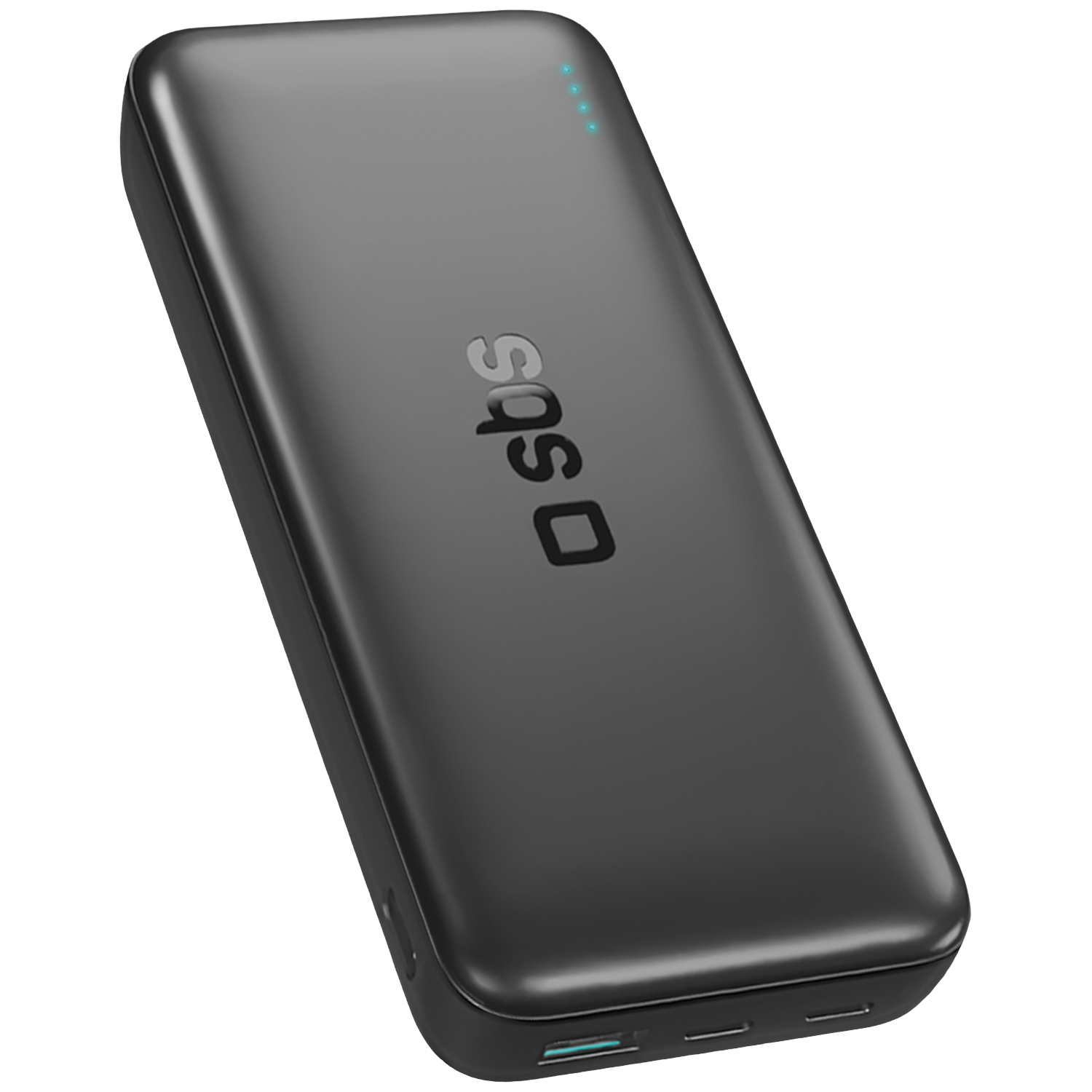 Batterie externe SBS noire avec indicateur de charge et ports.