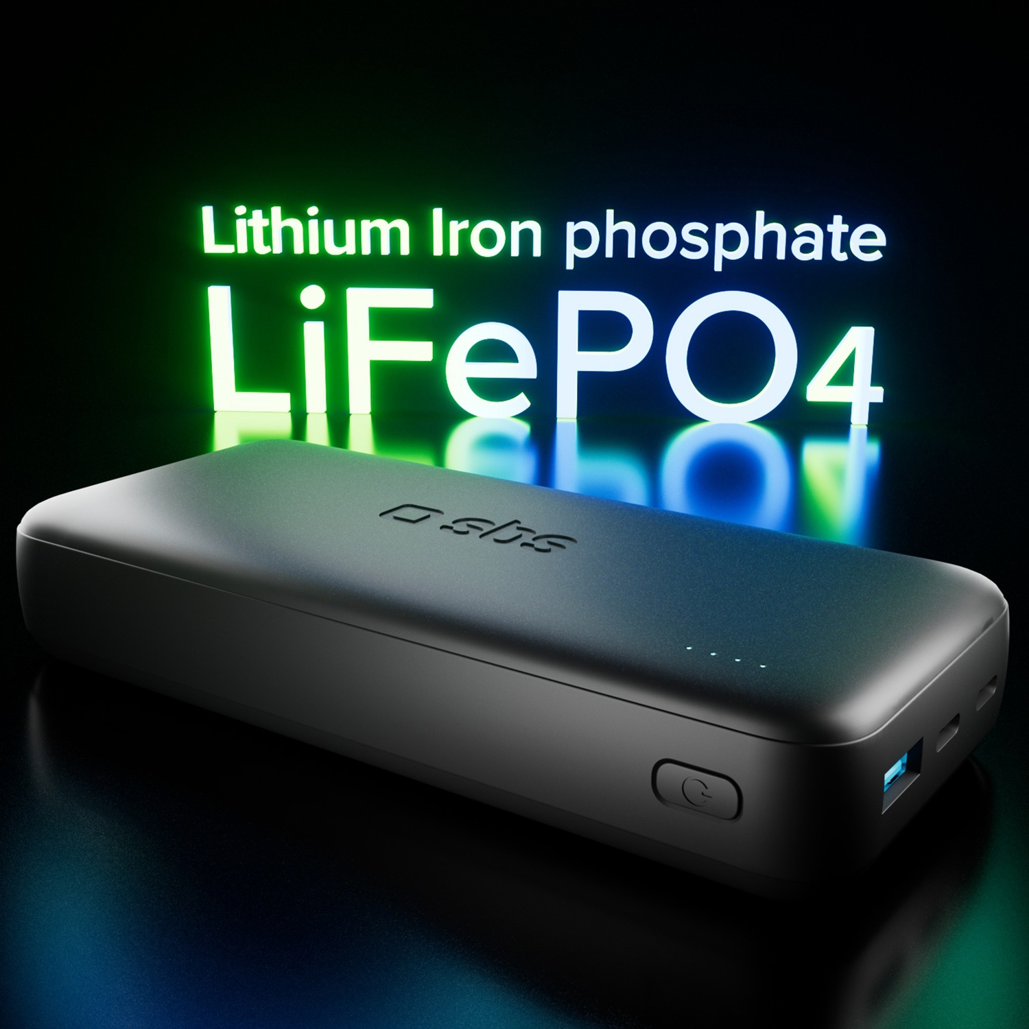 Batterie externe noire avec texte LiFePO4 et accents verts lumineux.