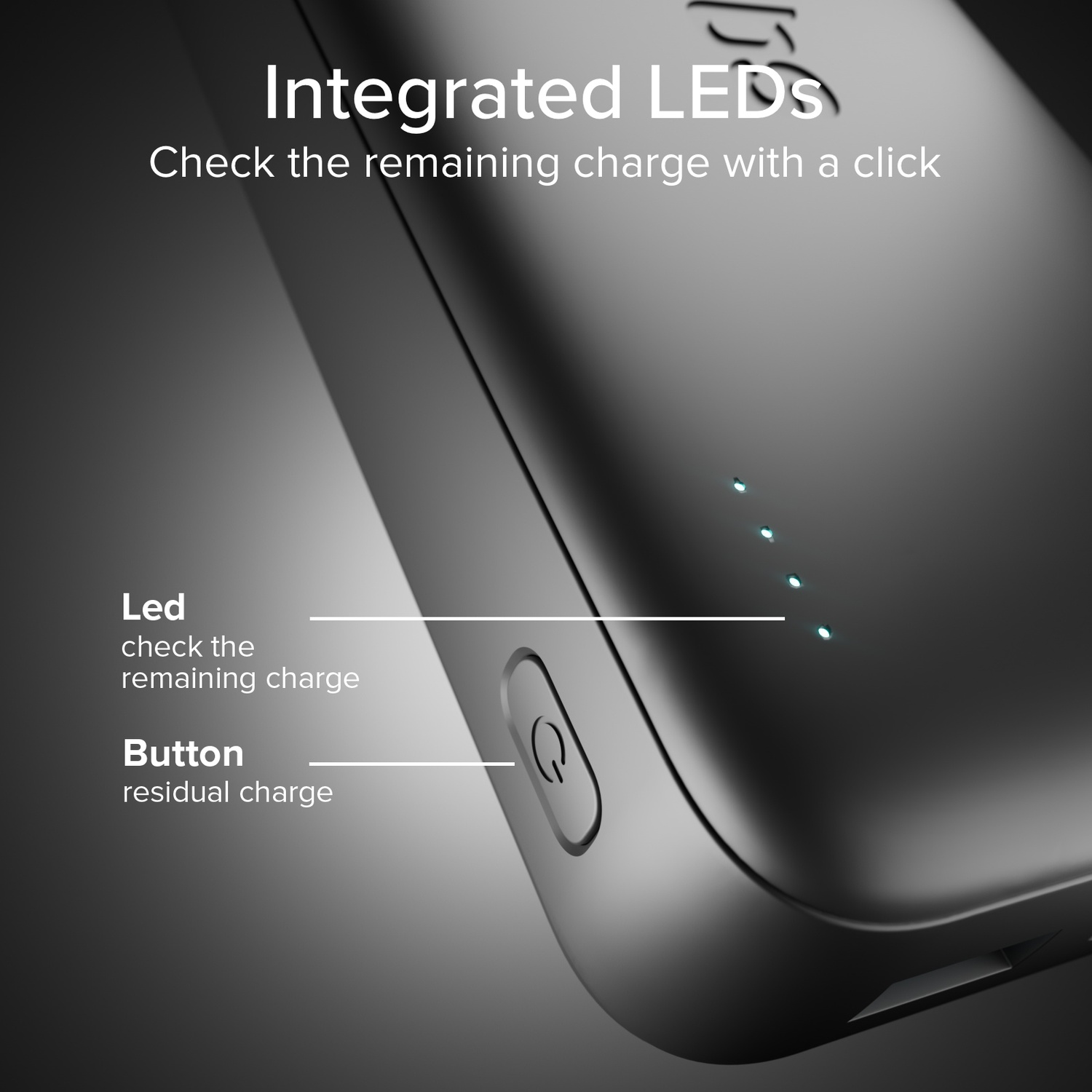 Appareil noir avec des LED bleues brillantes indiquant le niveau de charge et un bouton d'alimentation.