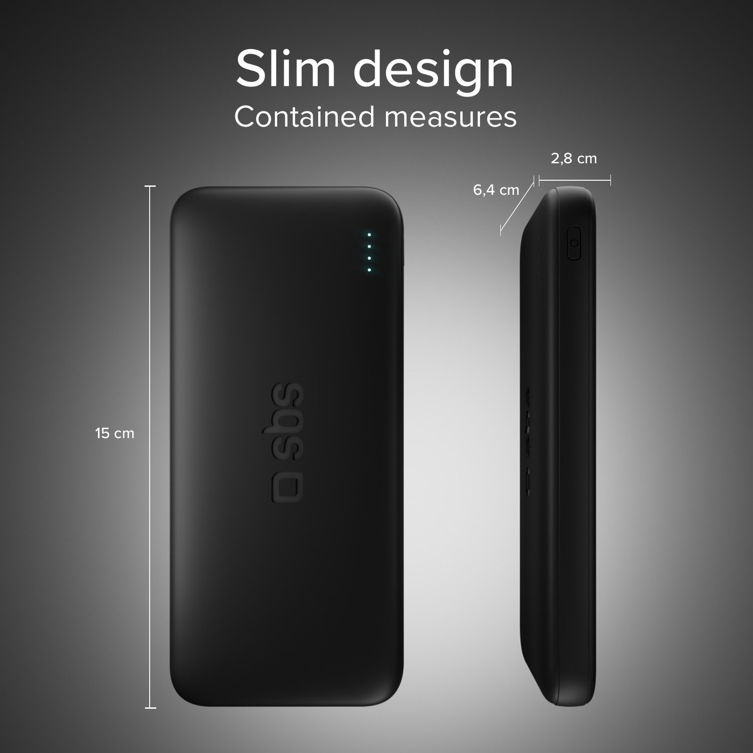 Affichage de power bank noir avec dimensions : 15cm long, 6,4cm large, 2,8cm épais.
