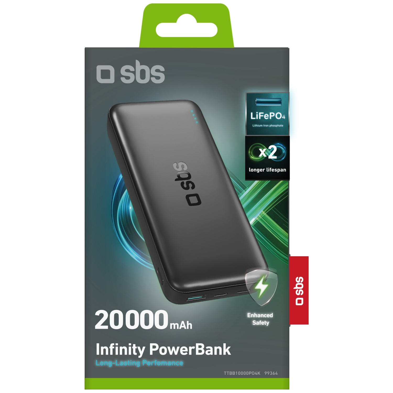 Batterie externe SBS noire 20000 mAh avec technologie LiFePO4 et durée de vie accrue.