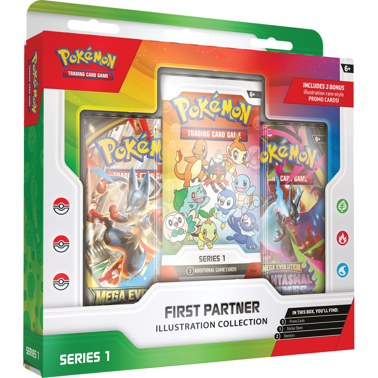 Pokemon First Partner Illustration Collection box met 3 pakjes kaarten en promokaarten.
