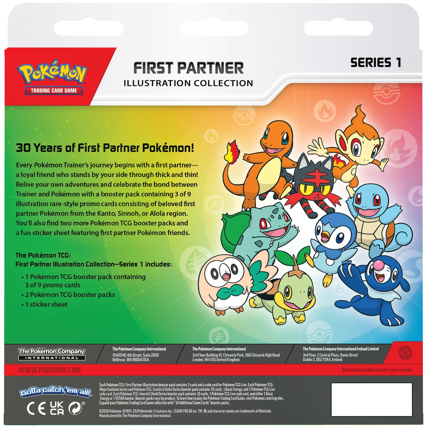 Illustratie van Pokémon-personages zoals Charmander, Squirtle en Bulbasaur op een kleurrijke verpakking.
