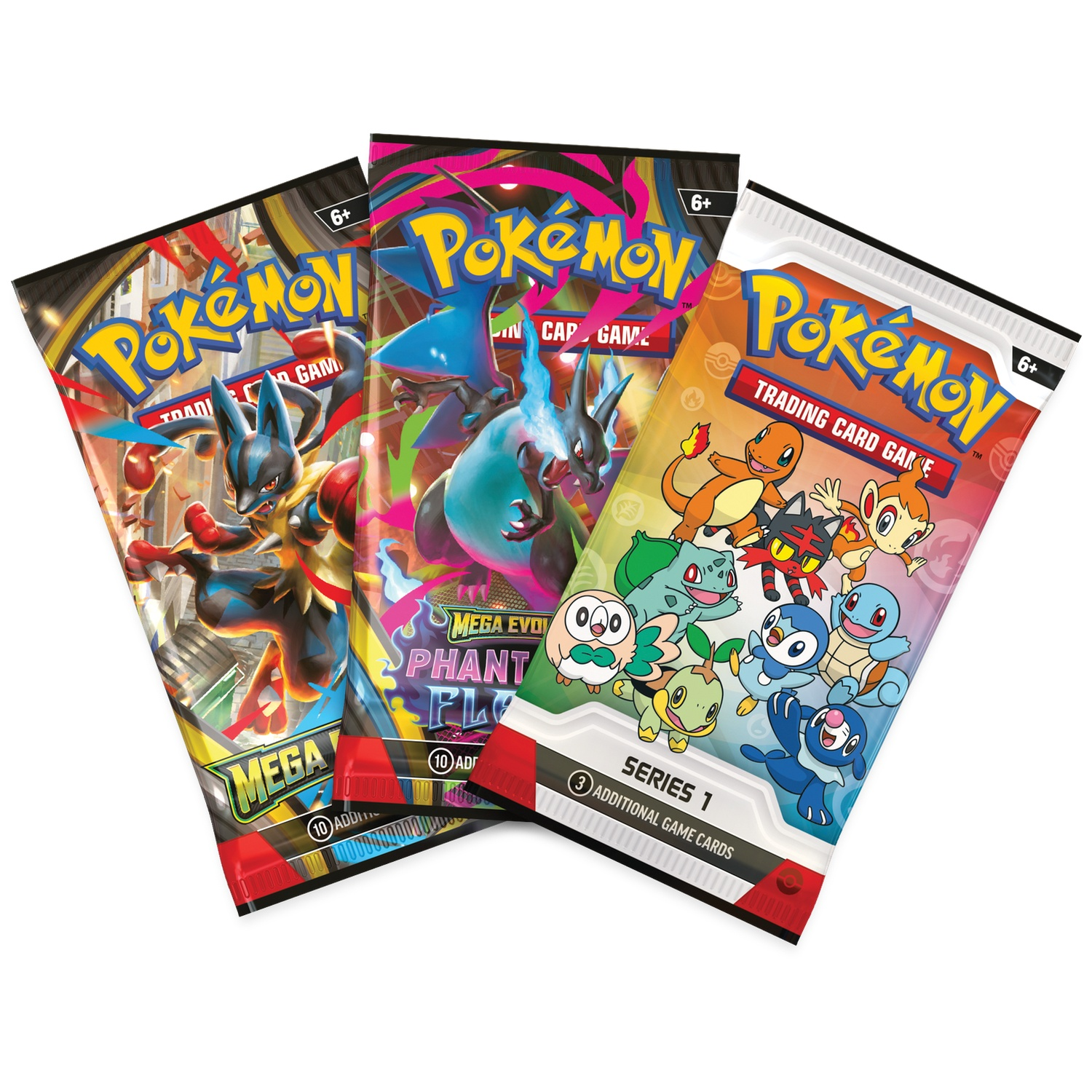 Drie Pokémon ruilkaartpakketten met diverse Pokémon-personages en logo's.