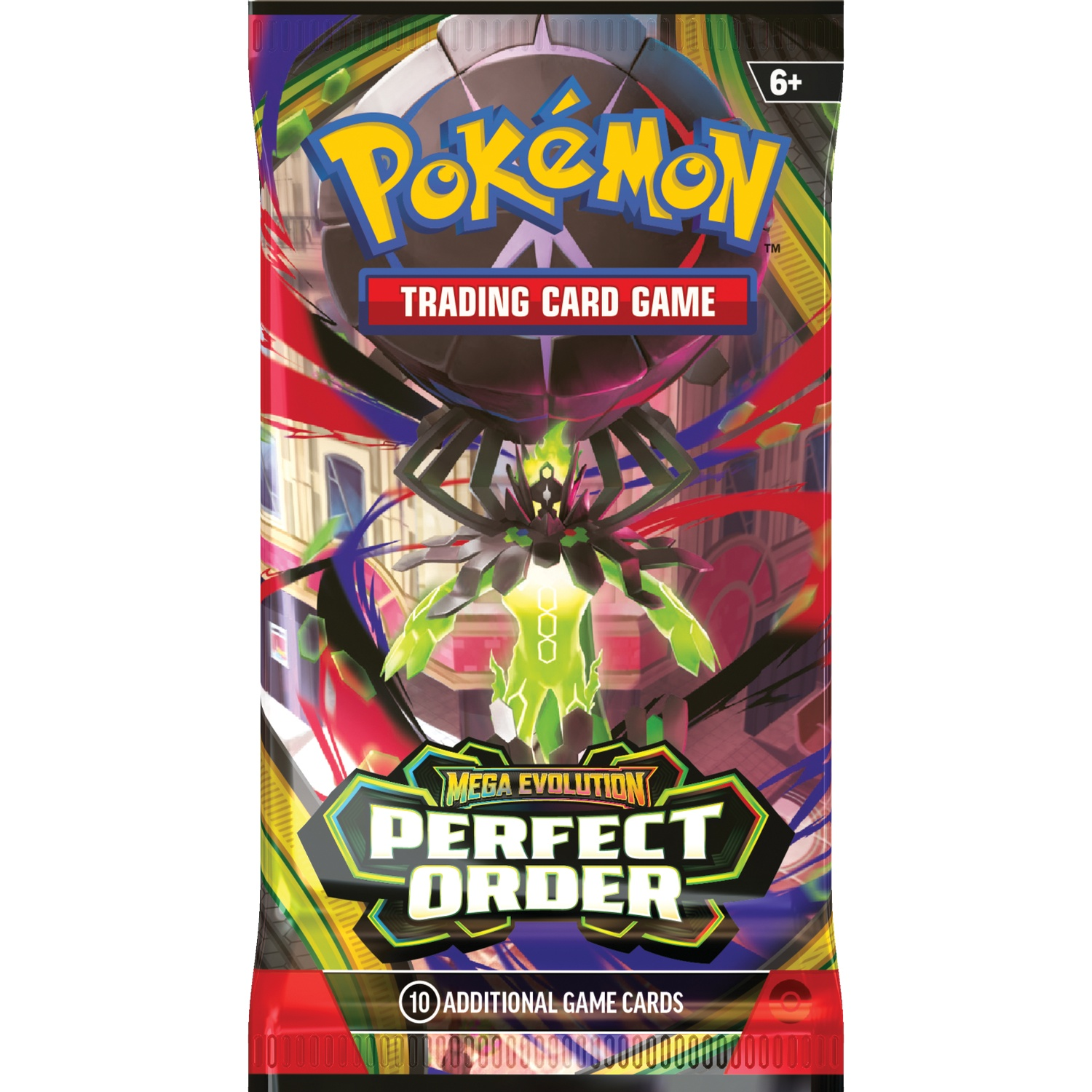 Pokemon Trading Card Game Mega Evolution Perfect Order pack featuring a spider Pokémon.