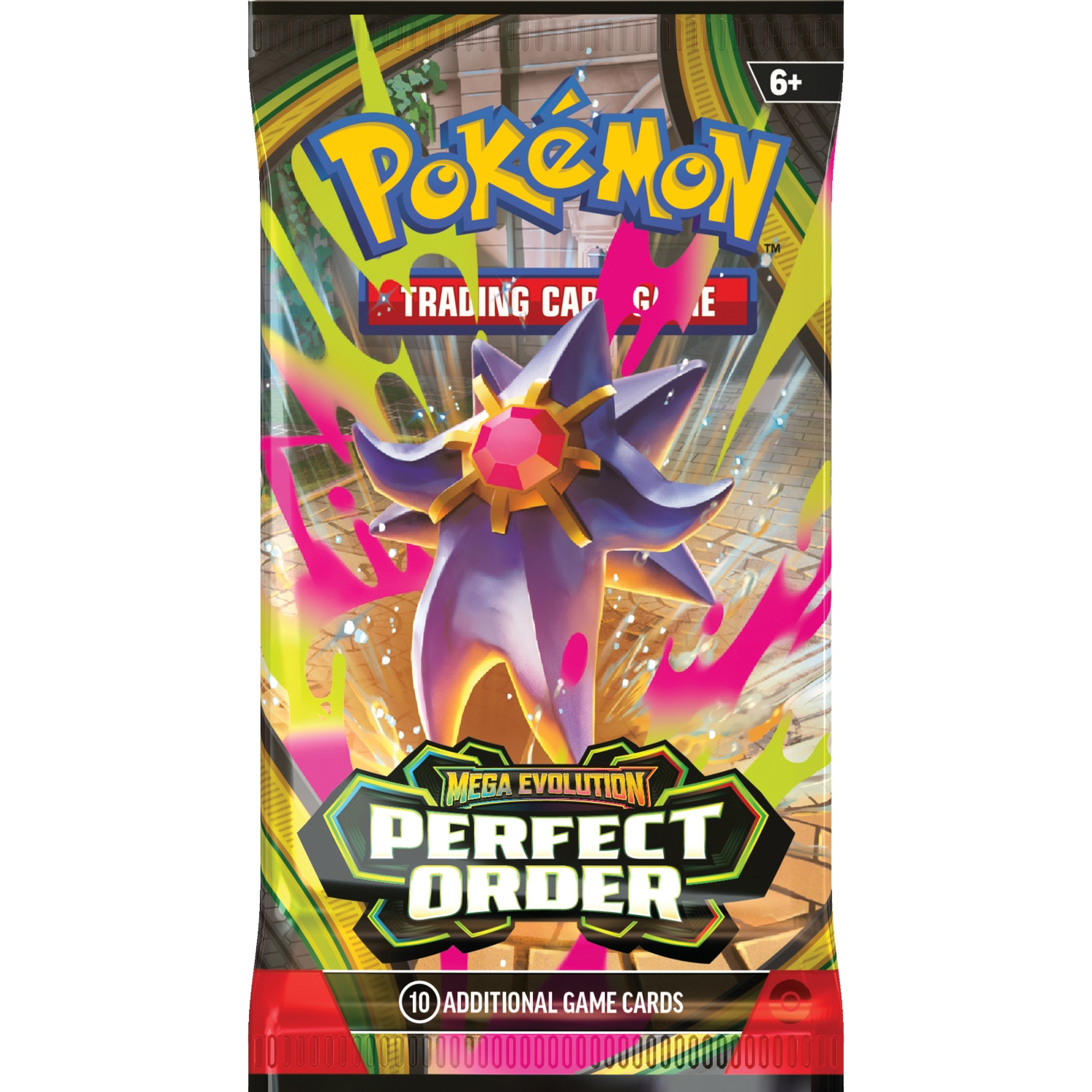Pokemon trading card pack featuring a purple star monster and "Mega Evolution Perfect Order".