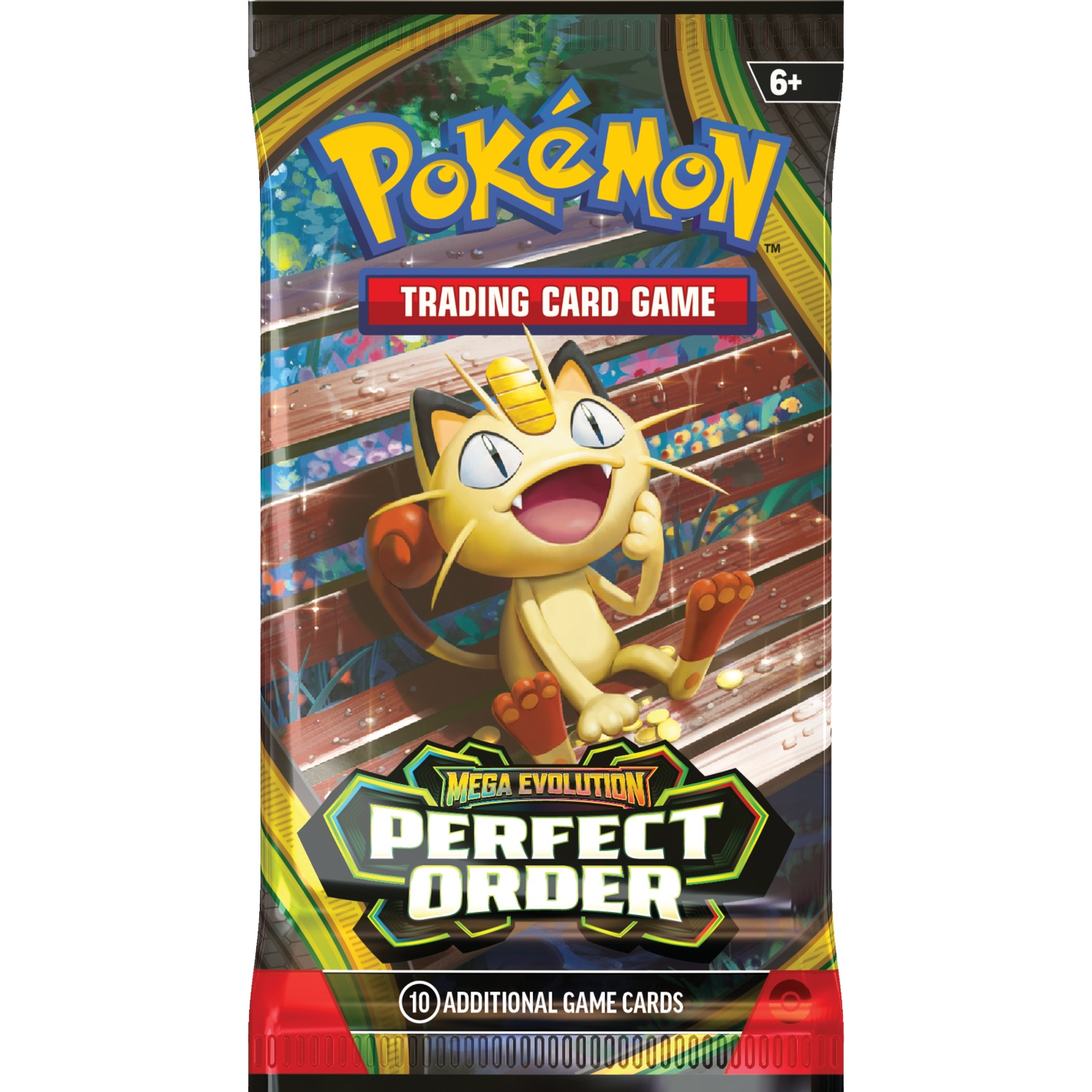 Pokemon Trading Card Game pack featuring Meowth and "Perfect Order" branding.