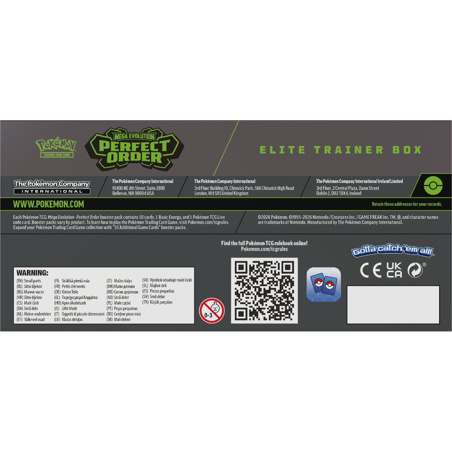 Pokemon Elite Trainer Box with Mega Evolution Perfect Order theme.