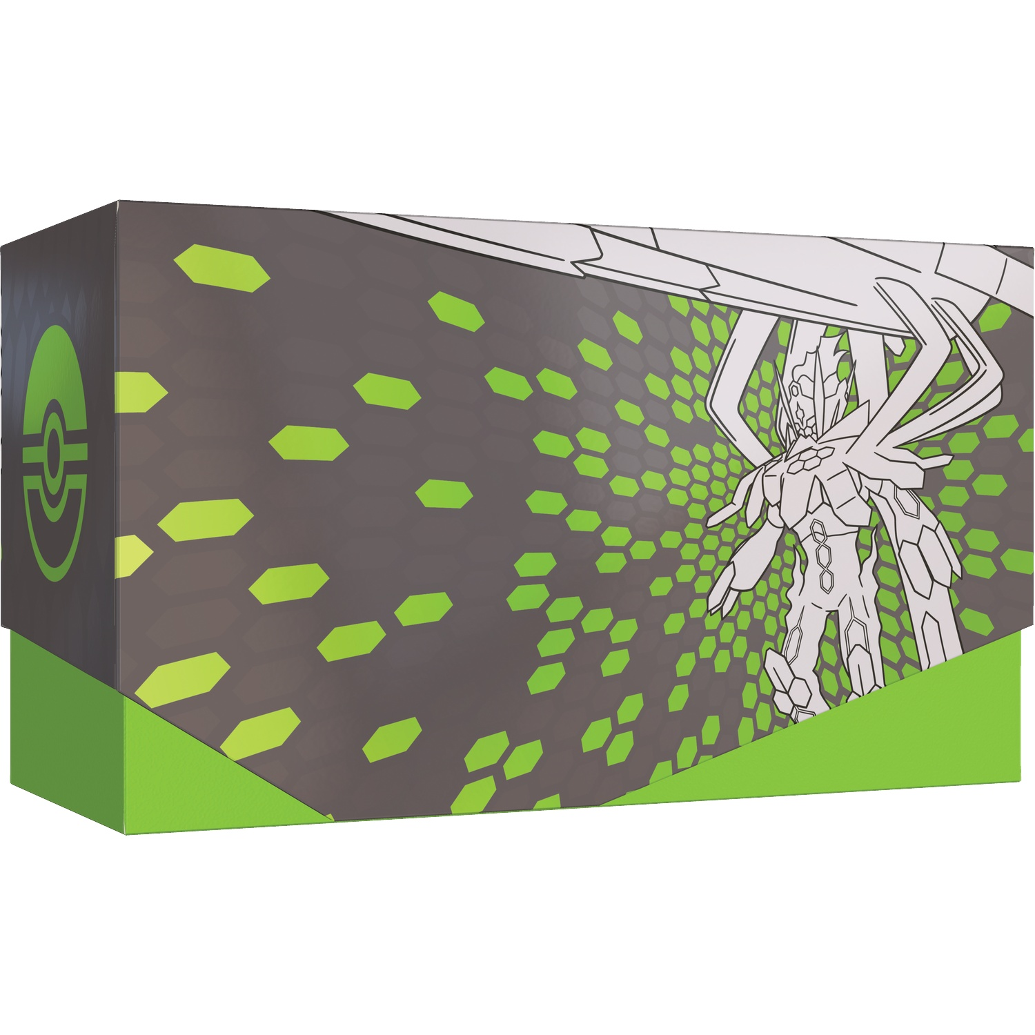 Box with Pokeball logo and white Pokemon design on grey background.