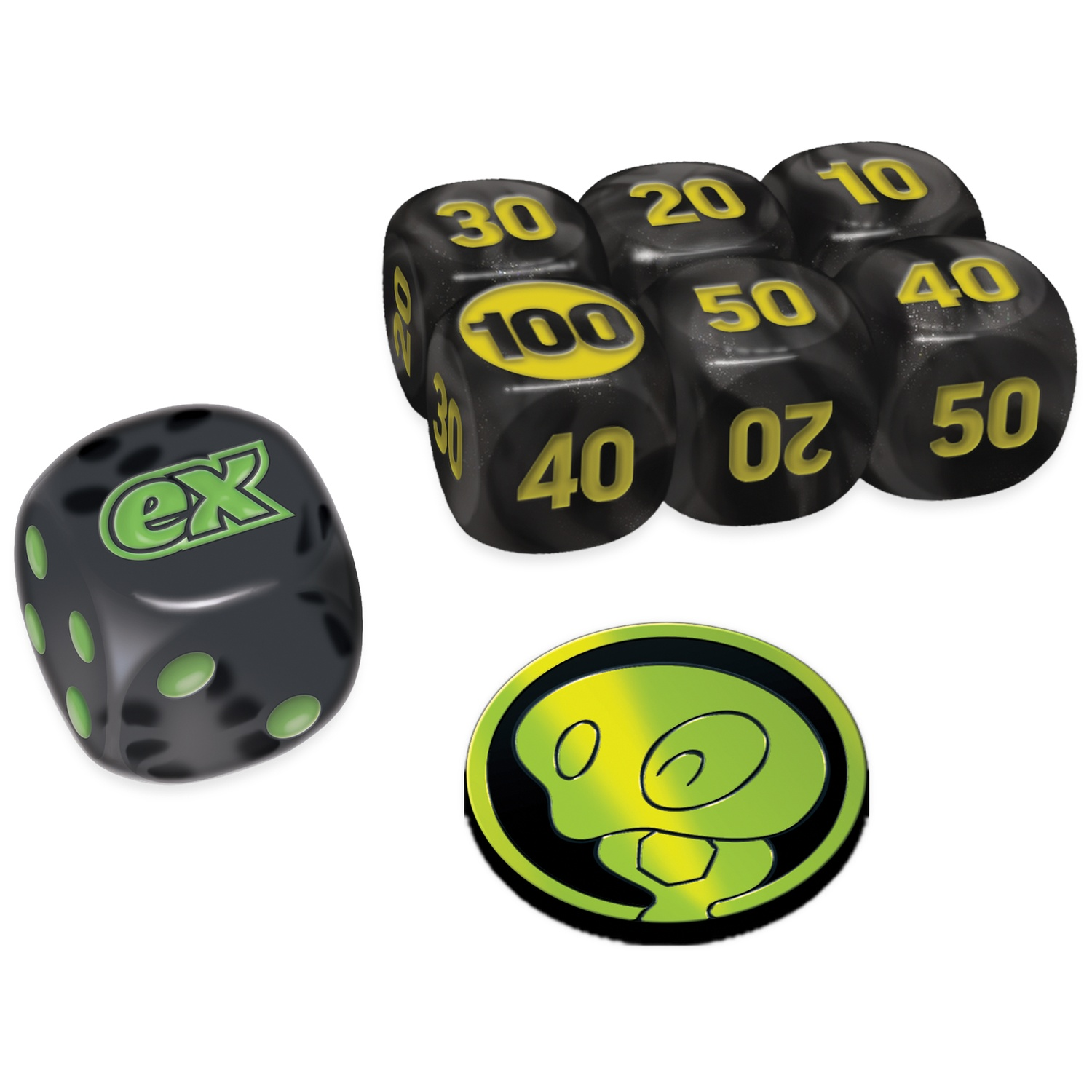 Black dice with yellow numbers and a green "ex" die.