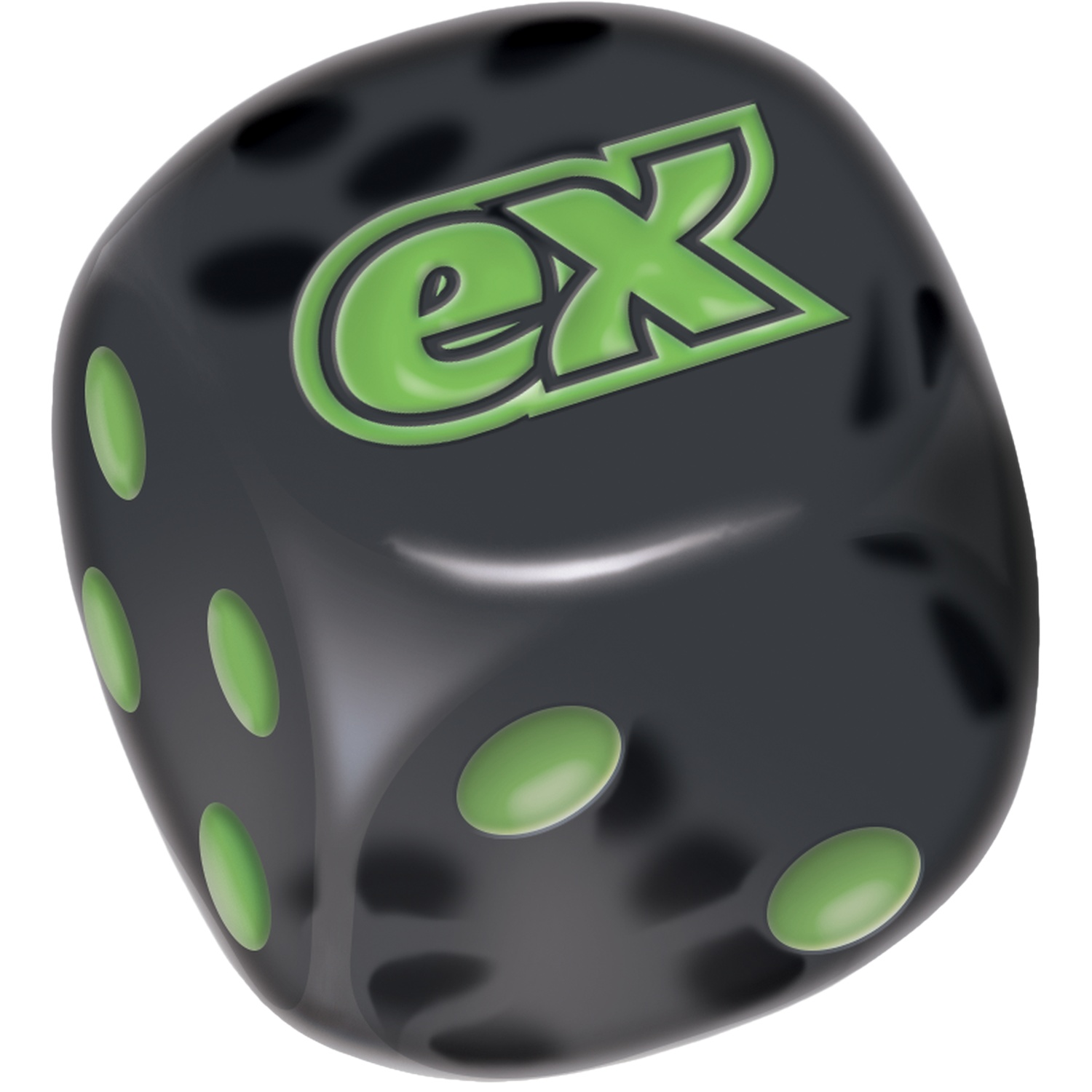 A black die with green pips and the "ex" logo.