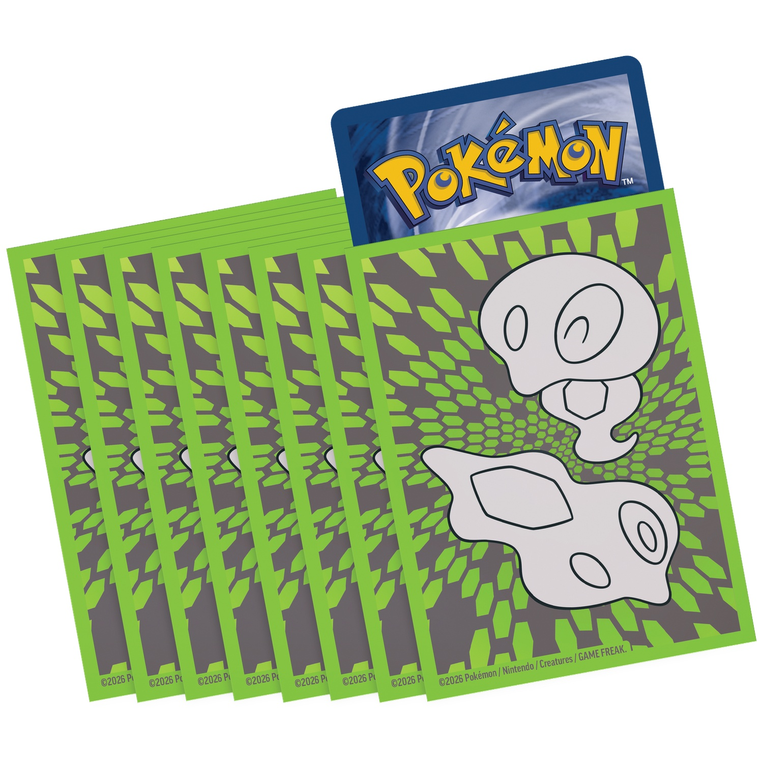 Stack of green Pokemon card sleeves featuring bone designs and Pokemon logo.