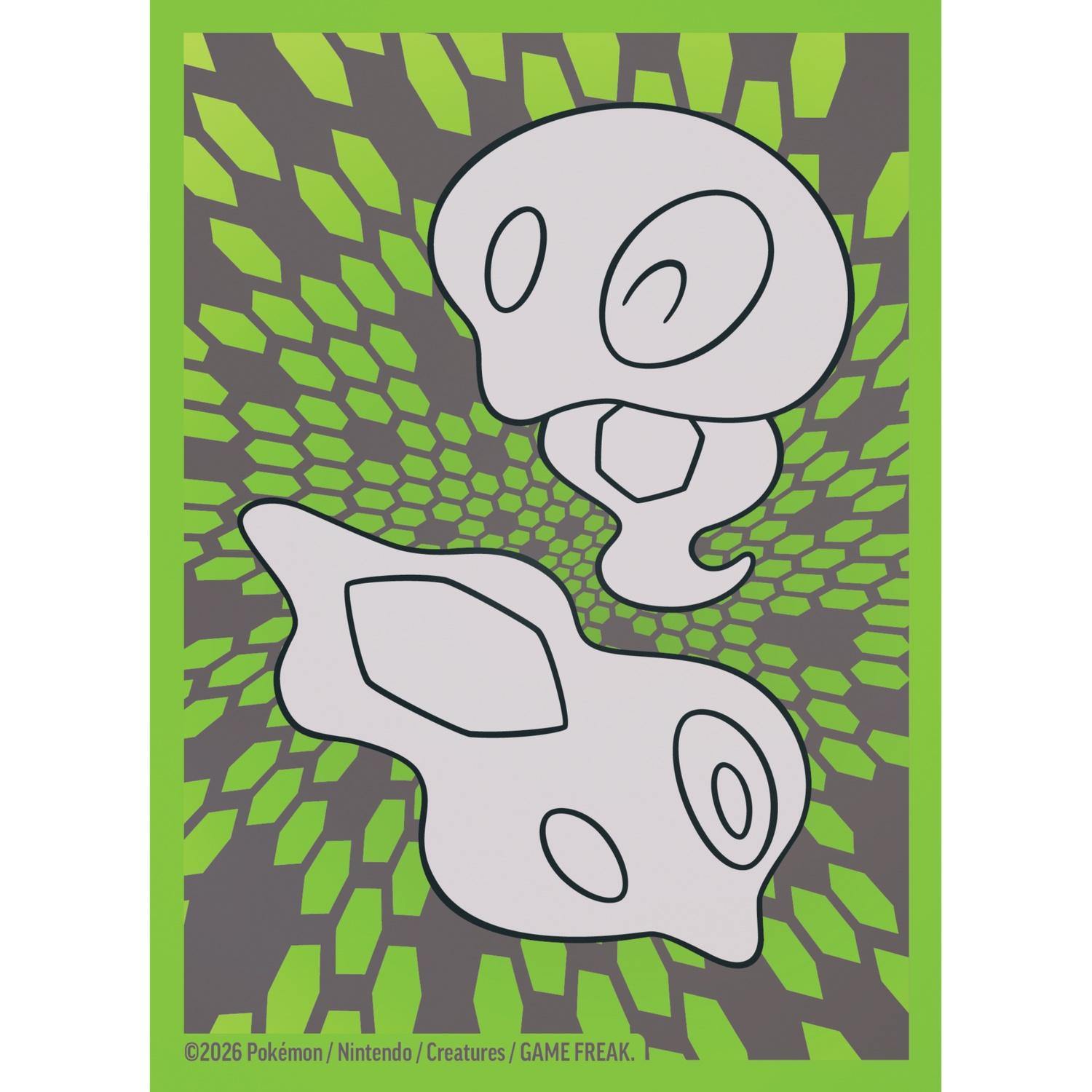Two white Pokémon figures with black outlines on a gray background with green hexagons.