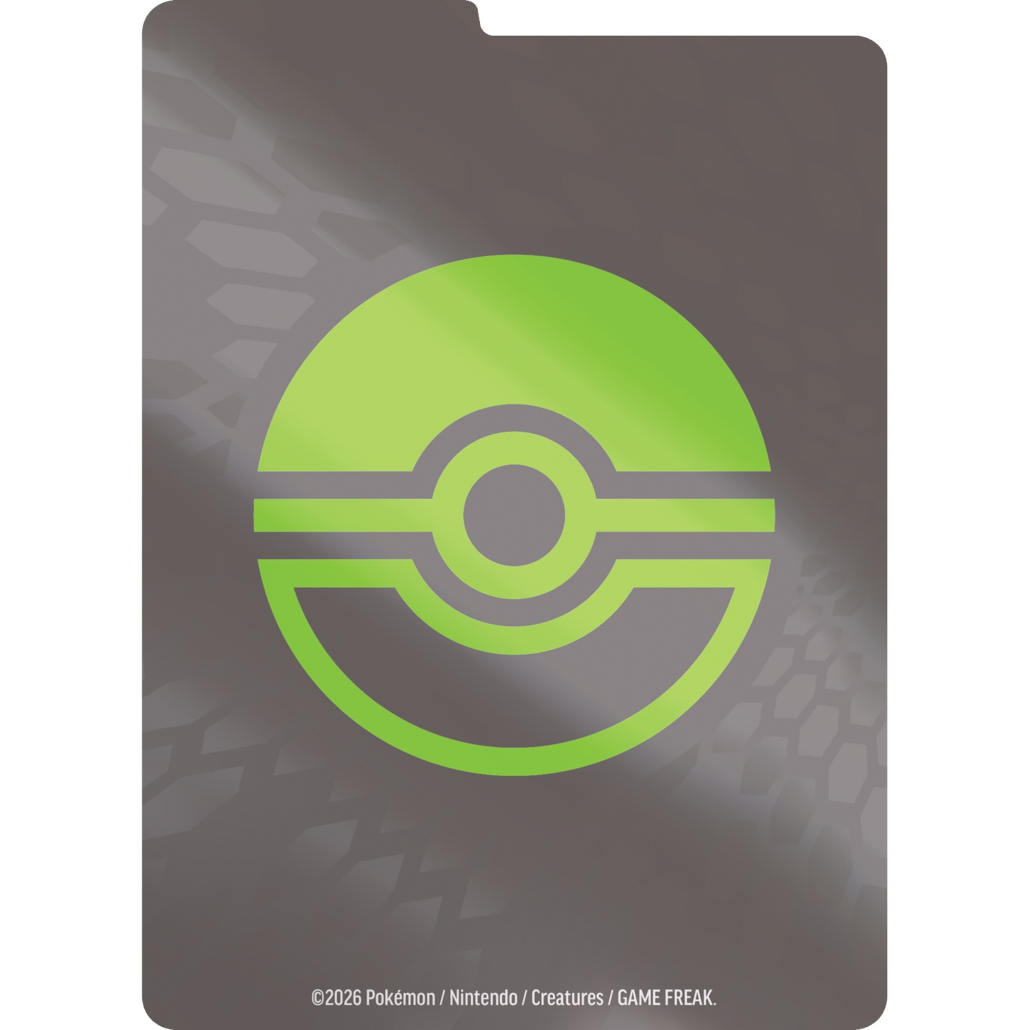 Gray background with a large neon green Poké Ball symbol. Copyright notice at bottom.