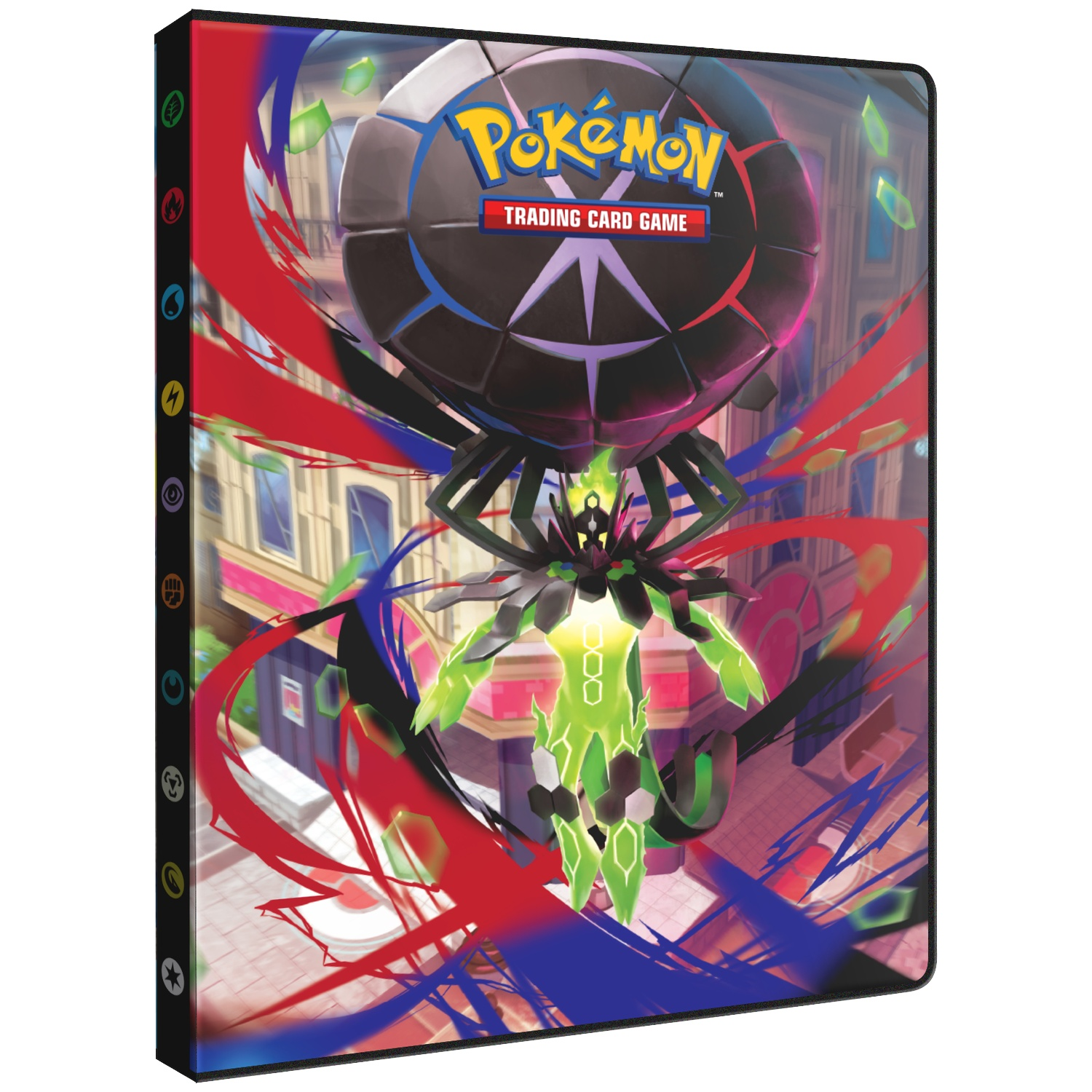 Pokémon TCG map met Zamazenta voor een gestileerde stad en kleurrijke strepen.
