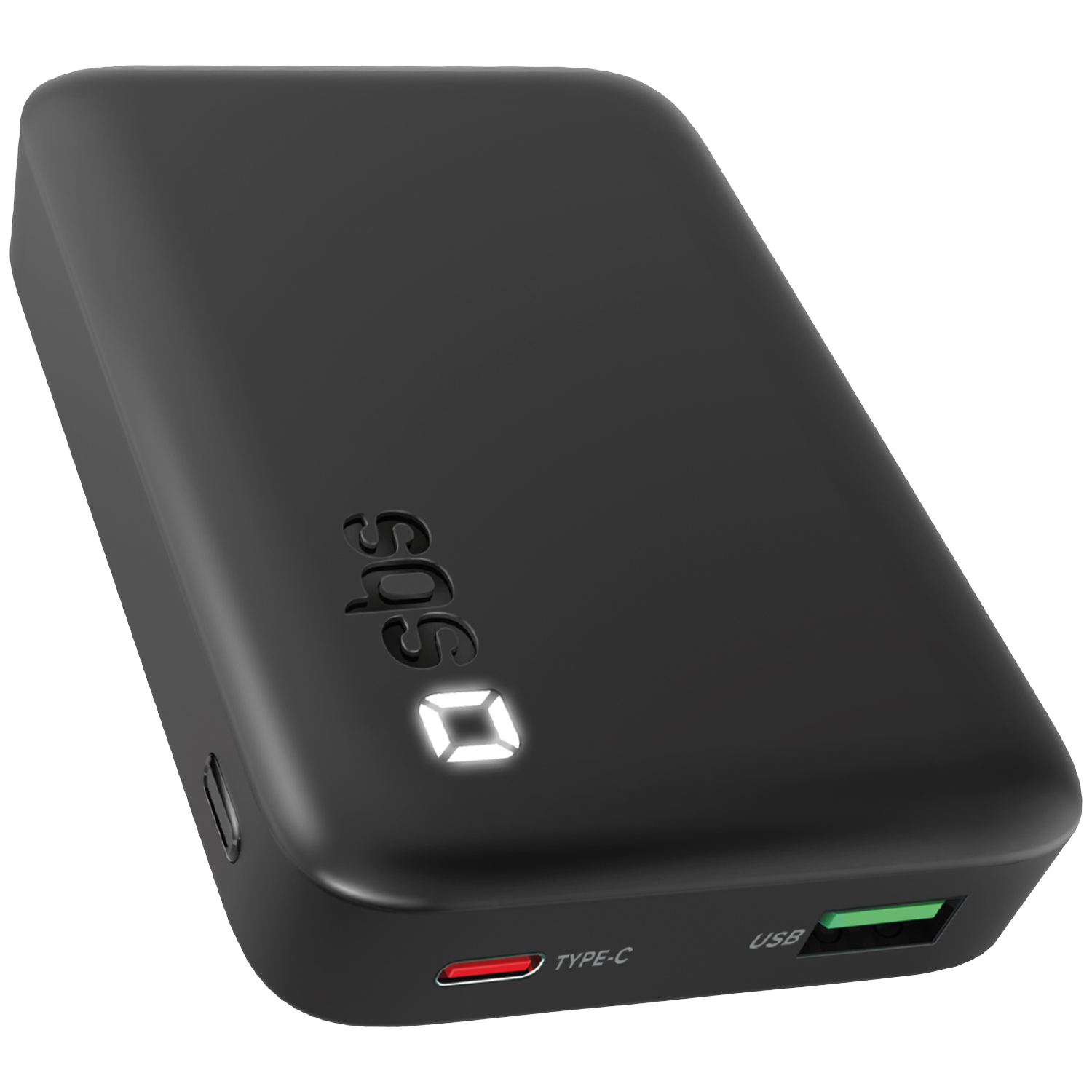 Zwarte powerbank met SBS-logo en USB-C/USB-poorten.