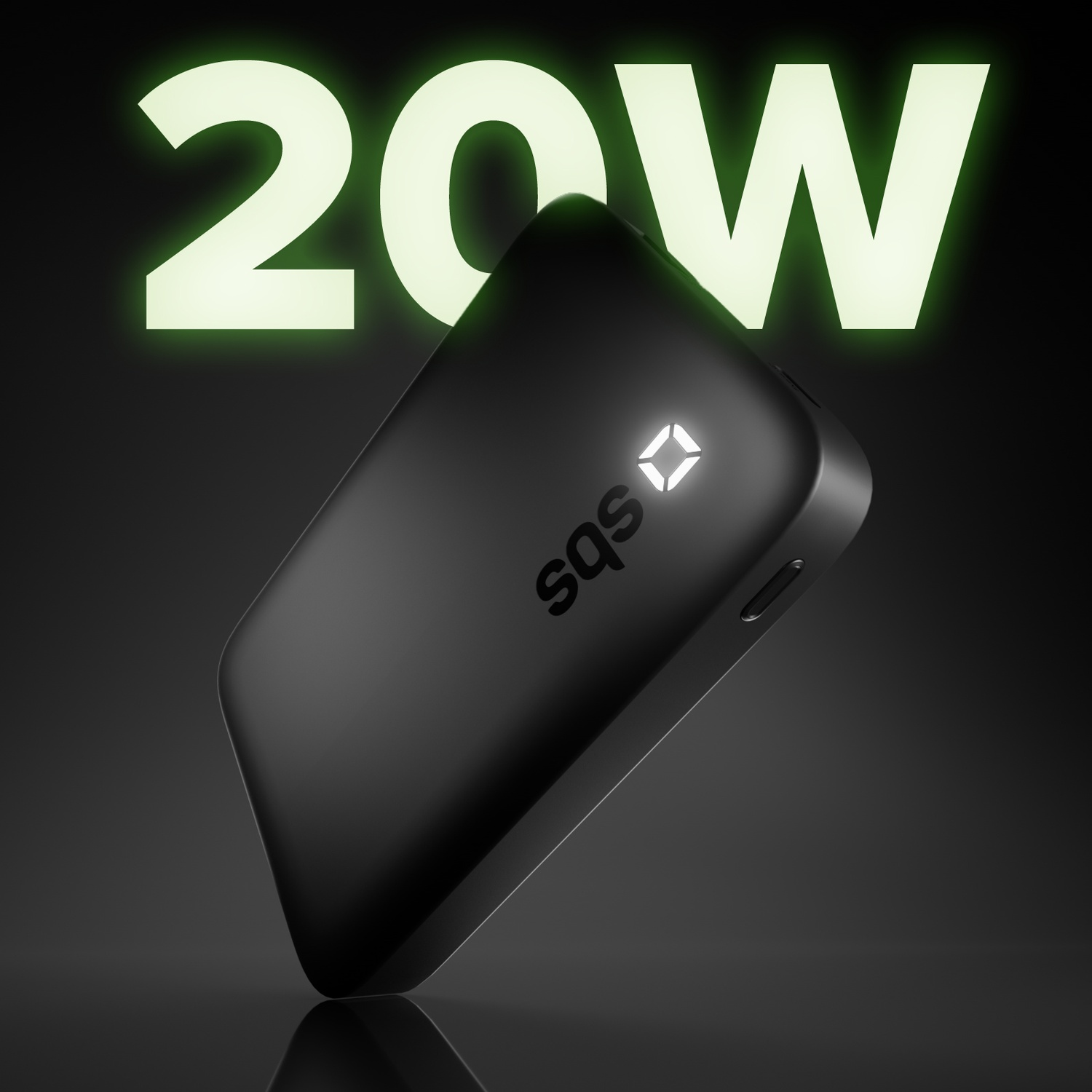 Zwarte oplaadgadget met "20W" in gloeiend groen op donkere achtergrond.