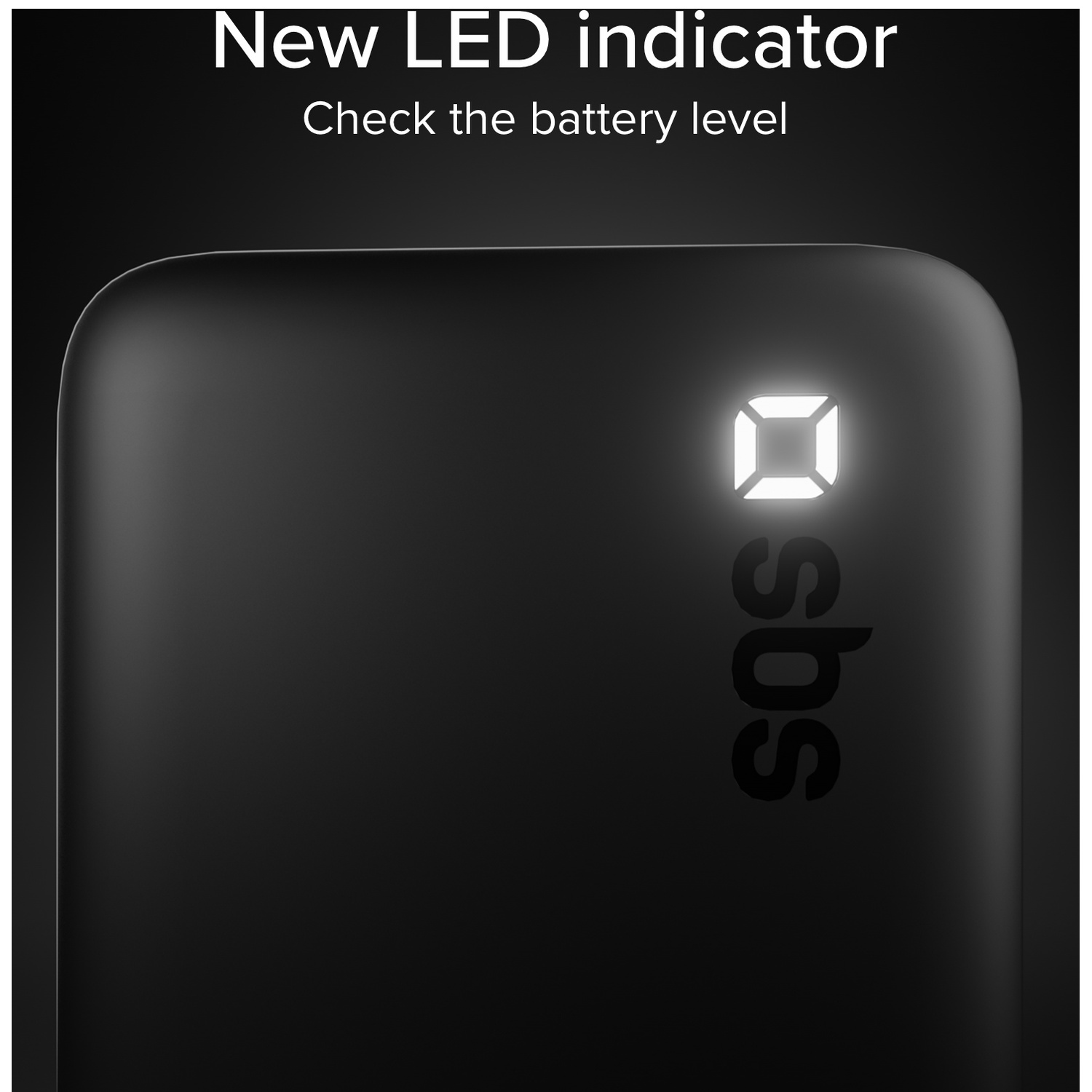Zwart apparaat met verlichte vierkante LED-indicator en SBS-logo.